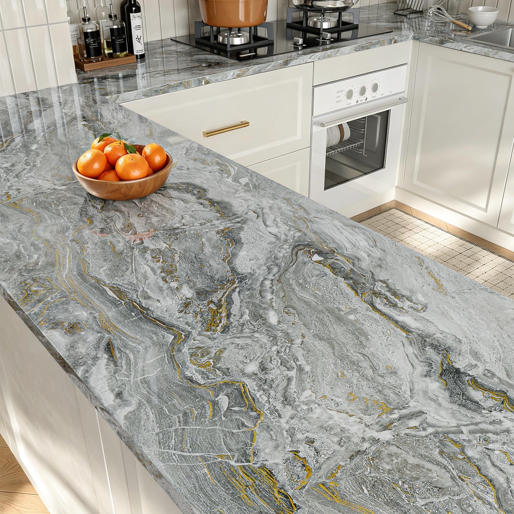 LaCheery 90cm x 400cm Vinilo Adhesivo Muebles Encimera Marmol Papel Adhesivo para Muebles Gris Oscuro Dorado Impermeable Papel Pintado Autoadhesivo Marmol Moderno para Cocina Encimera Mesas Puertas