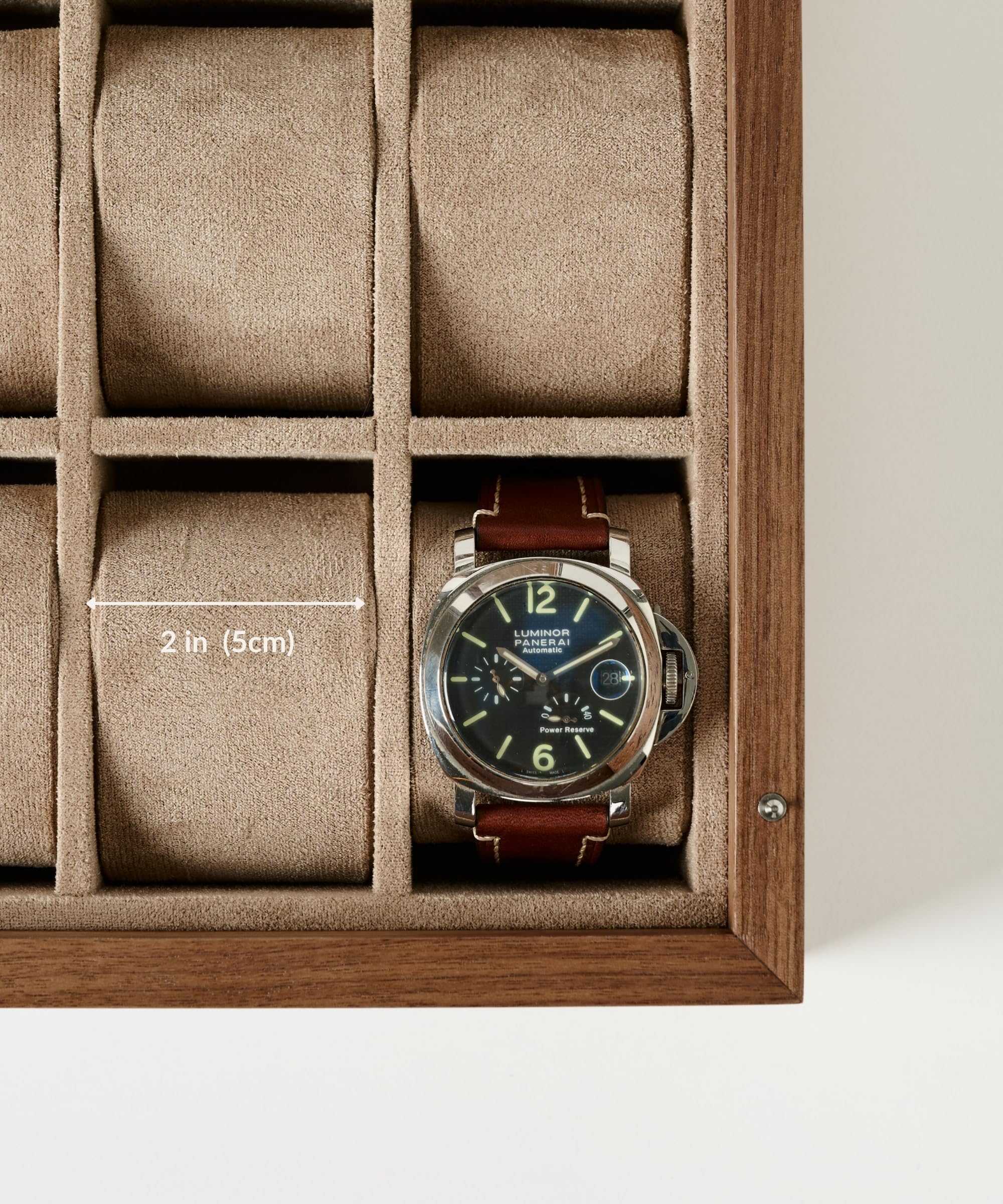 TAWBURY Custodia per orologi in legno, con 6 scomparti, per uomini e donne, con display in vetro, interno protettivo completamente foderato e cuscini larghi 5 cm per orologi piccoli e grandi (noce