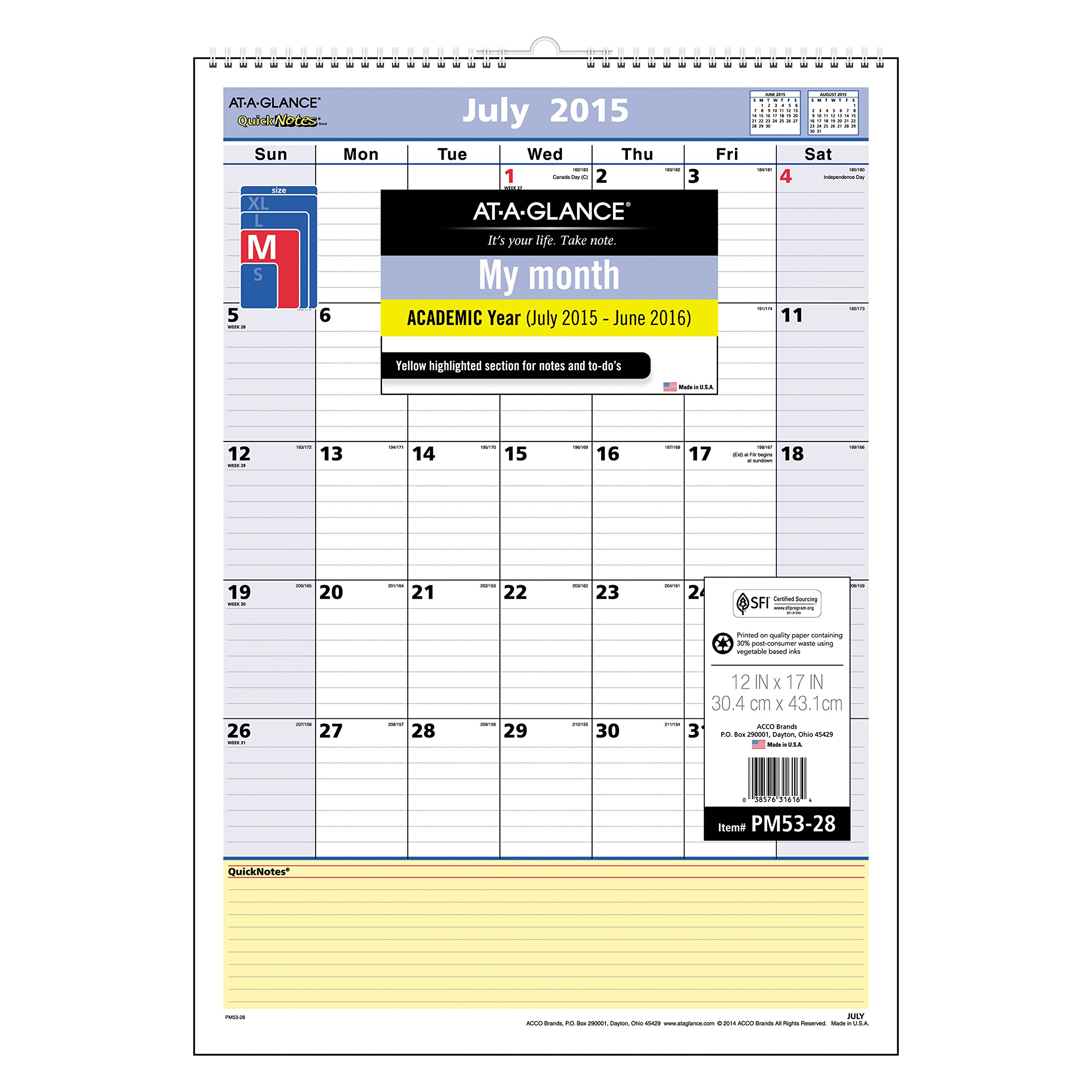 AT-A-GLANCE calendario de pared mensual, QuickNotes diseño, año académico, 12 Meses, de Julio 2015 – Junio 2016, 12 x 17 cm tamaño de página (pm53 – 28)