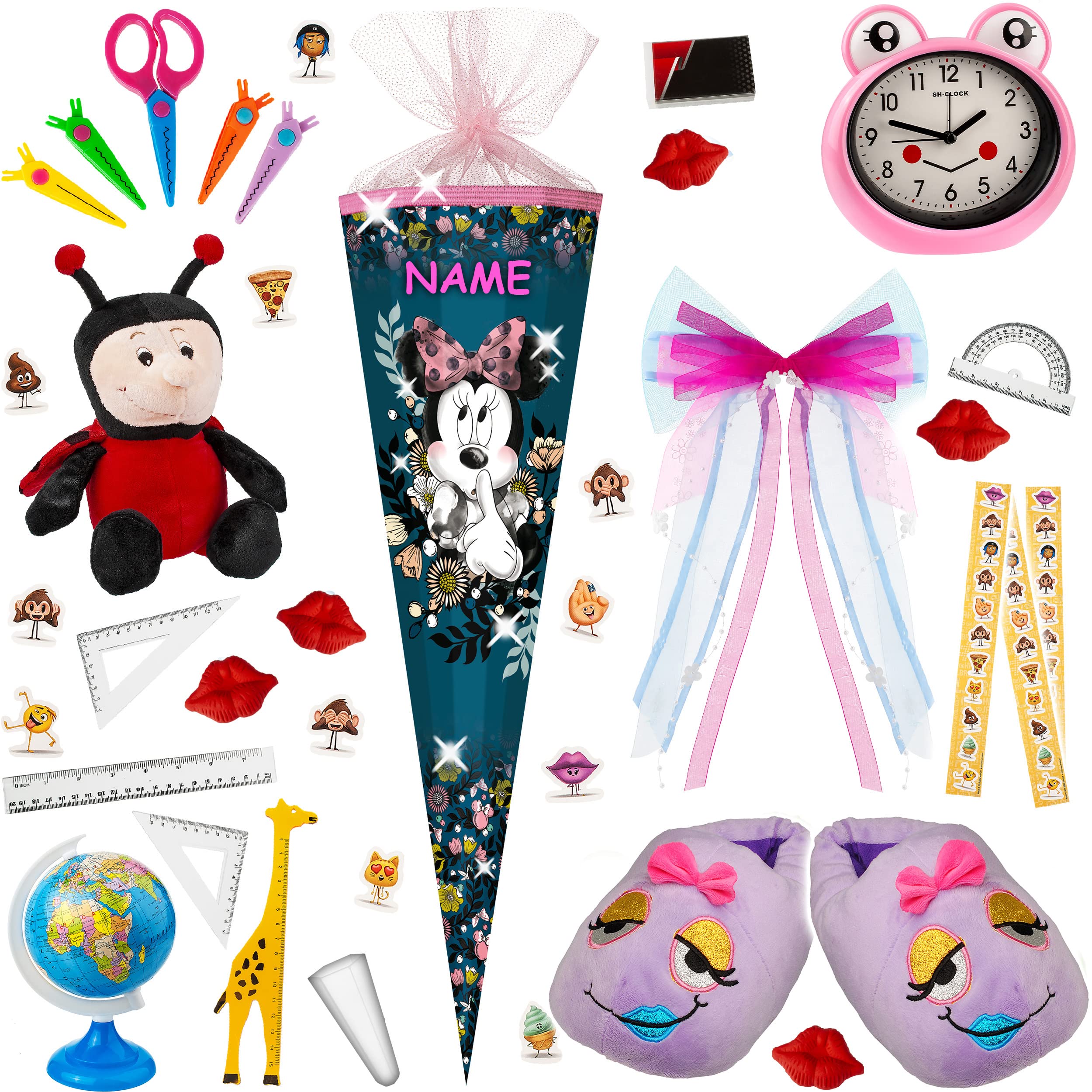 alles-meine.de GmbH mit Glitzer & Glimmer ! Schultüte - - Minnie Mouse 70-85 cm Größe wählbar inkl. komplette Füllung + Name + Bänder Schleife + Kunststoff Spitze - Zuc..