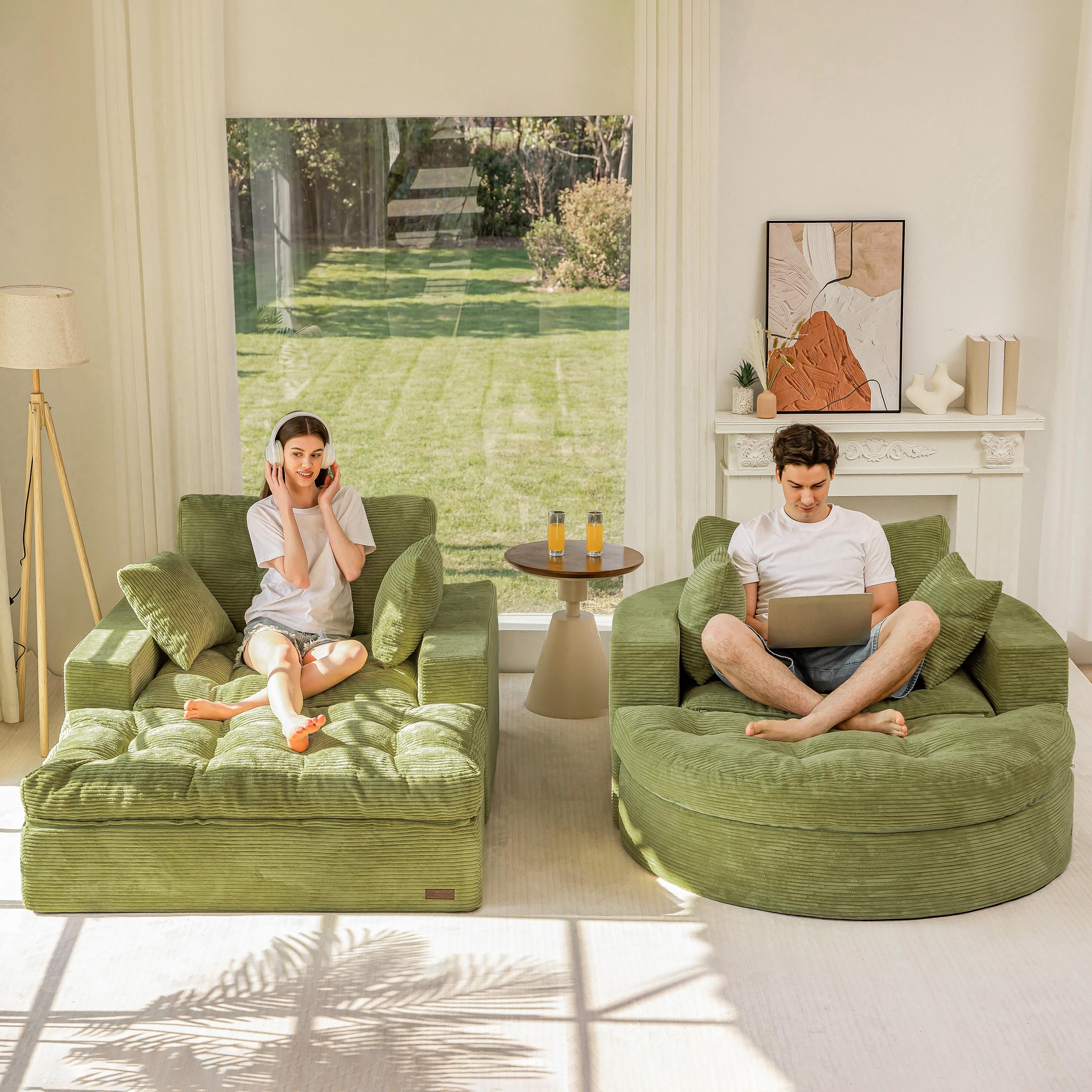 MAXYOYO Modular Sectional Chaise Lounge Sofa, 2 Sets Upholstered Lounge Chair with Ottoman, Comfy Round+ Square Couch with Layered Cushion, Tufted Chair for Living Room, No Assembly, Green