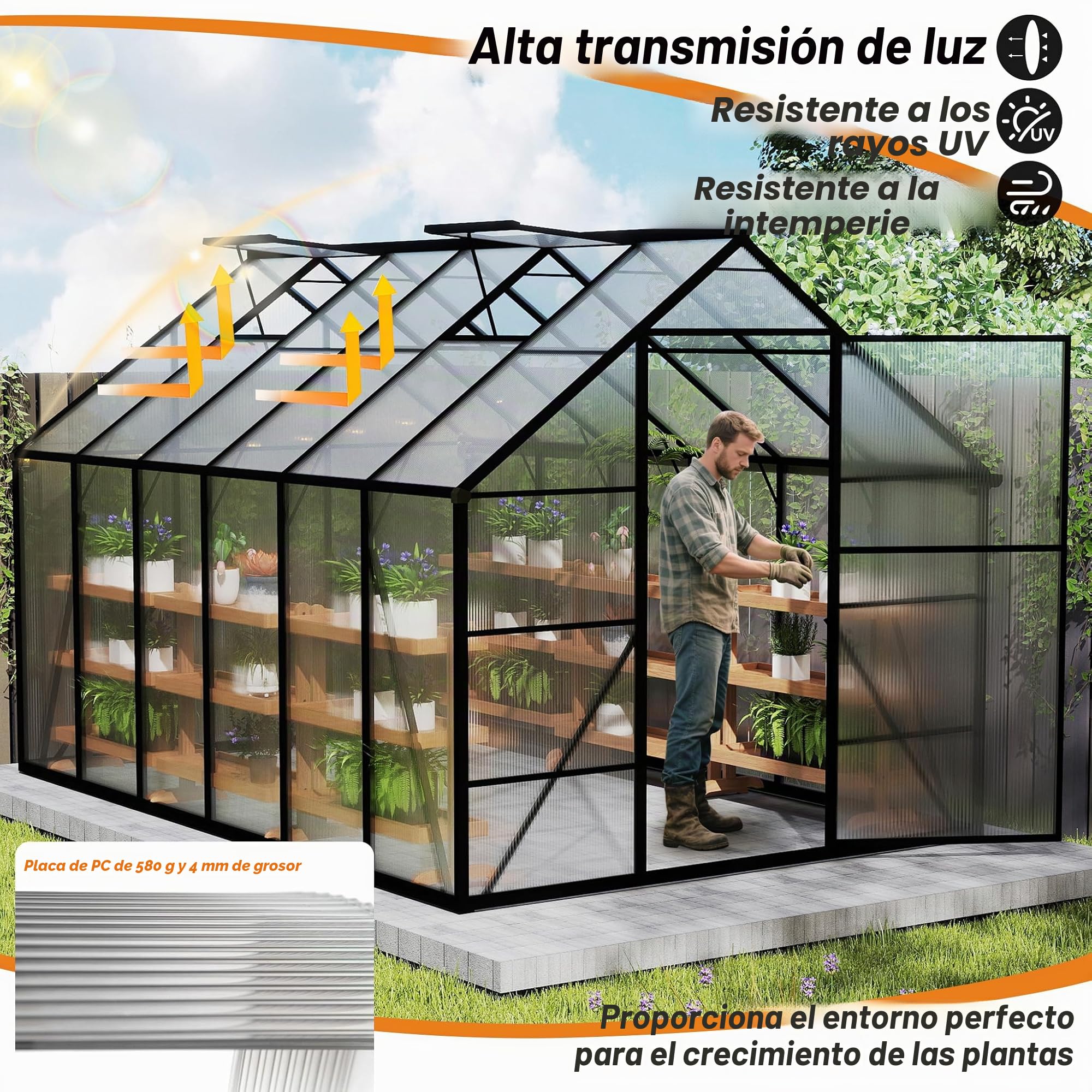 Froadp Invernadero de aluminio con base 310x250x205cm Invernaderos de jardín 4mm placas de cámara de aire de PC resistentes a la intemperie, invernadero para tomates con ventanas Invernadero para