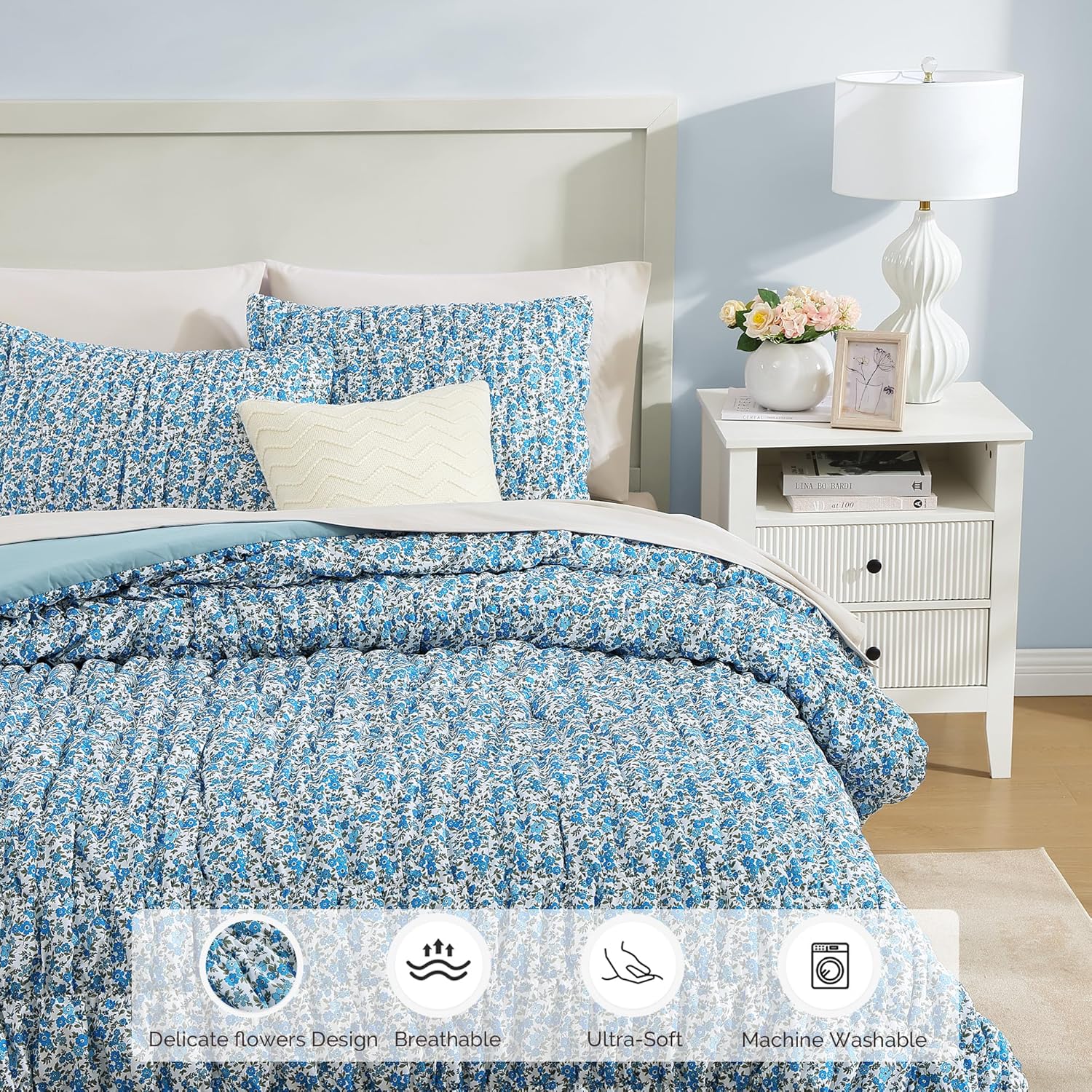 Queen Comforter Set - 7 Pieces Blue Classic Puff Floral Bedding Sets for All Seasons, Shabby Chic Farmhouse Bed in a Bag Queen with Wildflowers Fluffy Comforter, Sheets, Pillowcases & Shams - Image 4