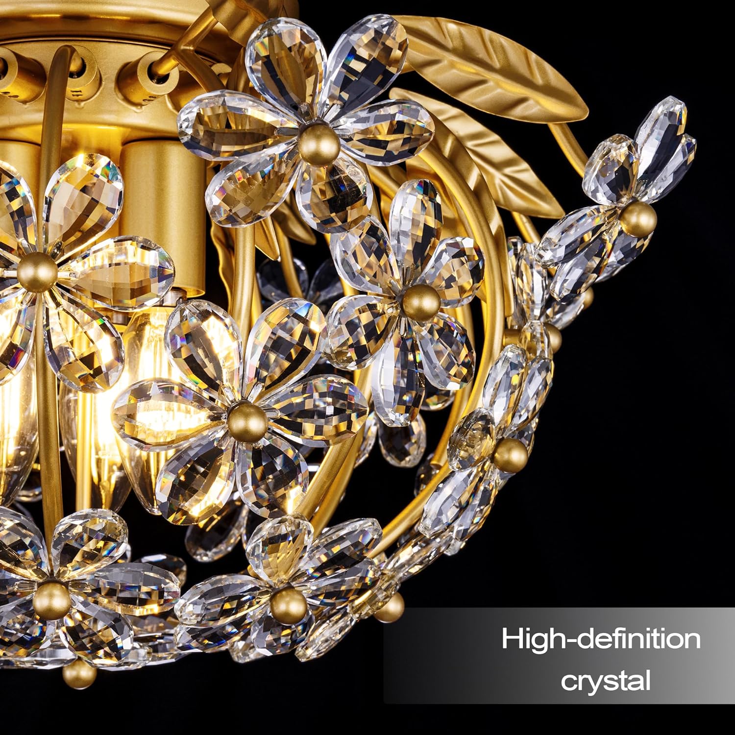 TOCHIC Gold Flush Mount Ceiling Light, 17.5" Crystal Chandelier with 3 Light Dimmable, Contemporary Close to Ceiling Light Fixtures for Dining Room Bedroom Living Room Entryway