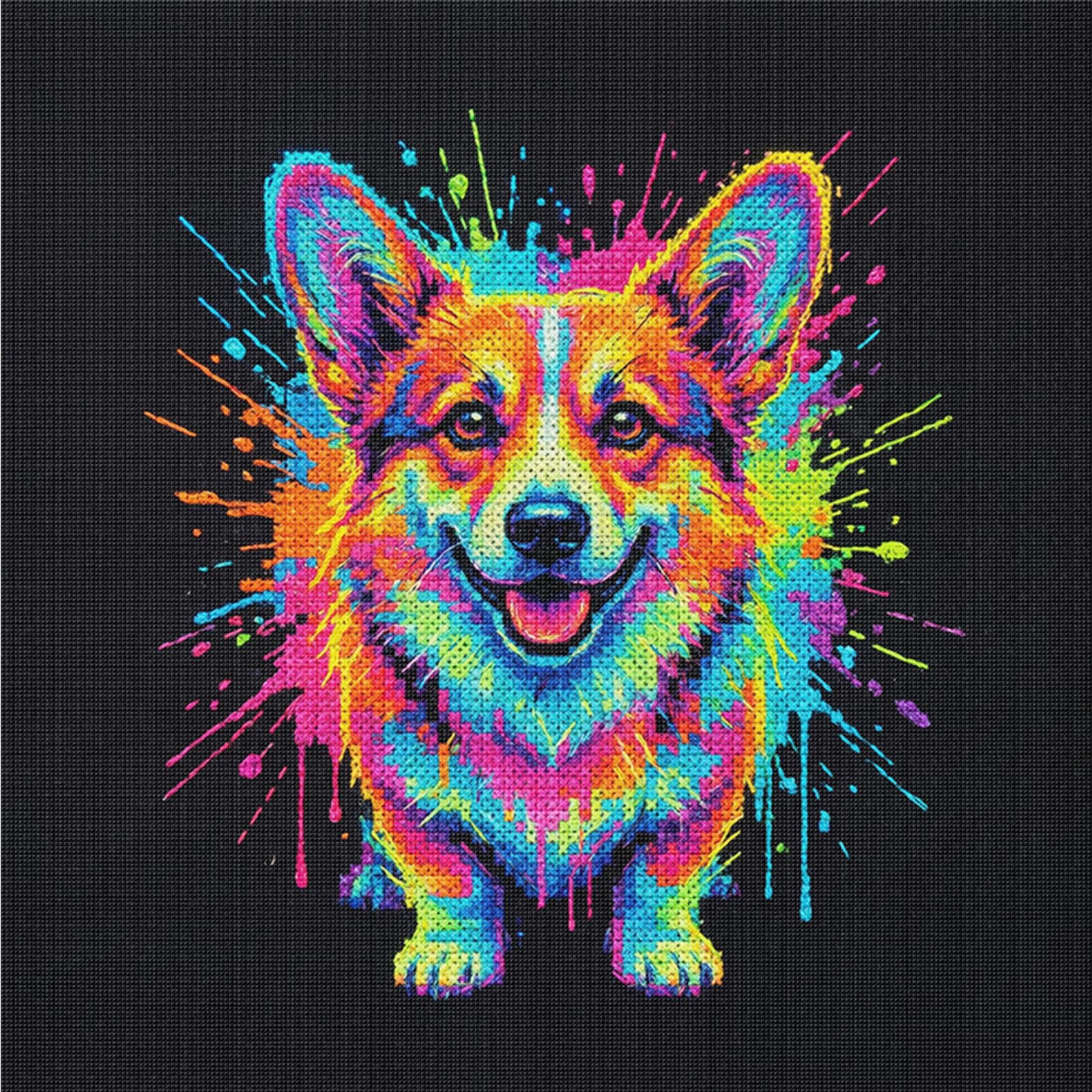 Colorful Splash Corgi Full 14CT 2 Strands DIY Counted Cross Stitch Kits for Beginners Adults Gift Home Wall Decor Cross Stitch Patterns Arts Craft Kits 30x30cm