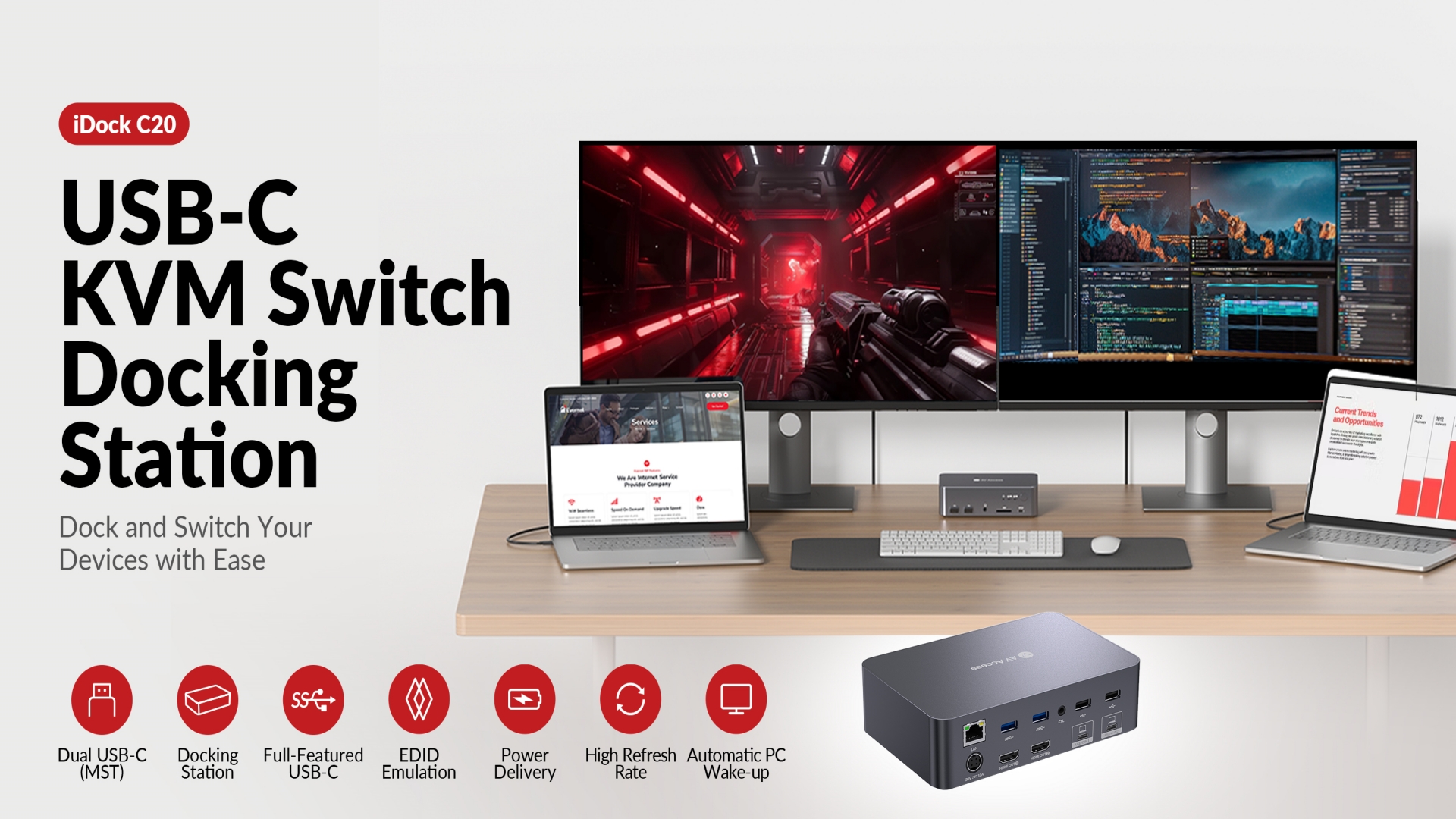 Station Dock KVM Dual Monitor 4K - Switch 2 PCs, 12-en-1 Pour Bureau Et Gaming