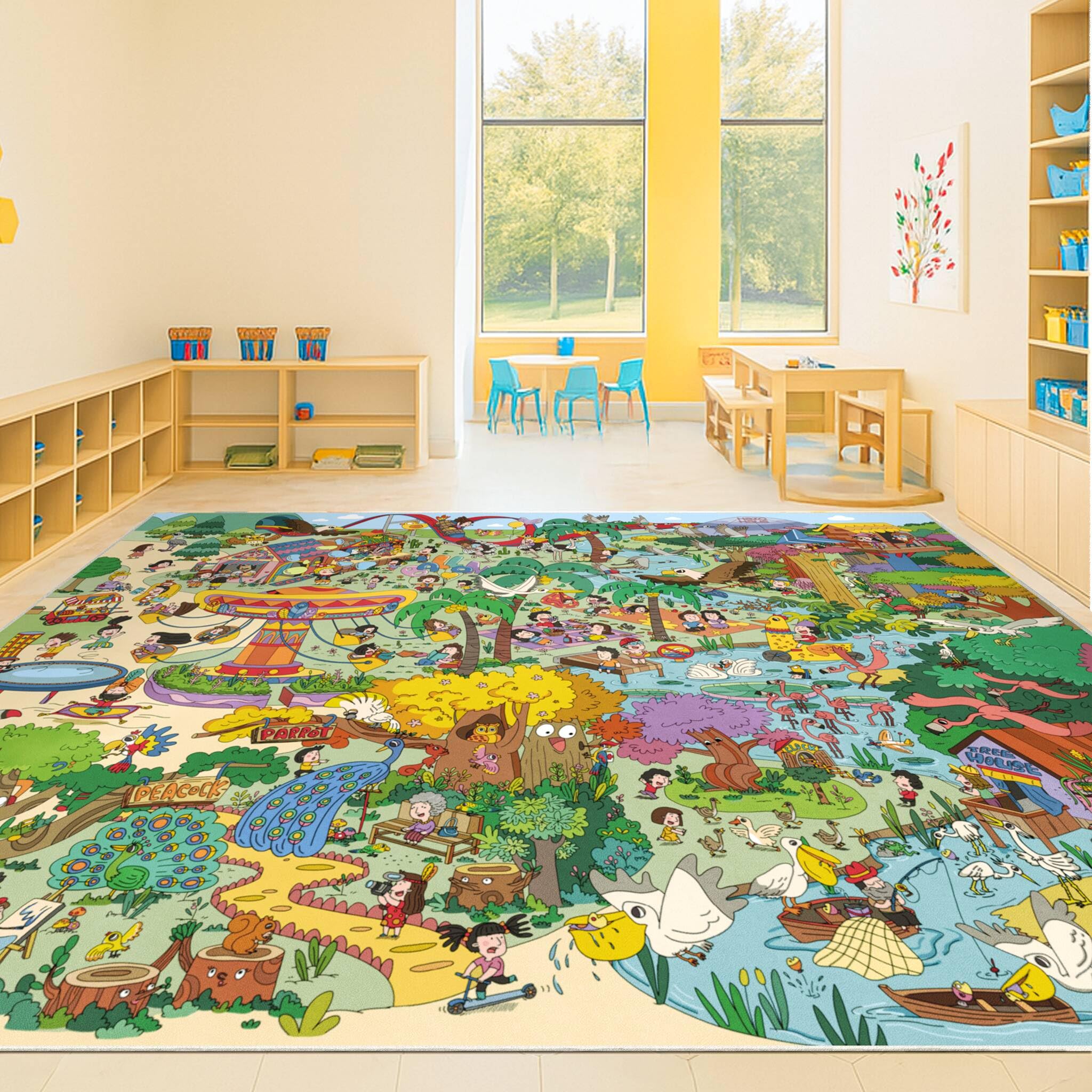 Hazo Haus Extra Large Jungle Explorer Rug 8x10 – Vibrant Cartoon Safari with Birds, Boats, Rides &amp; Forest Scenes – Ideal for Playrooms, Classroom, Daycares, or Activity Spaces