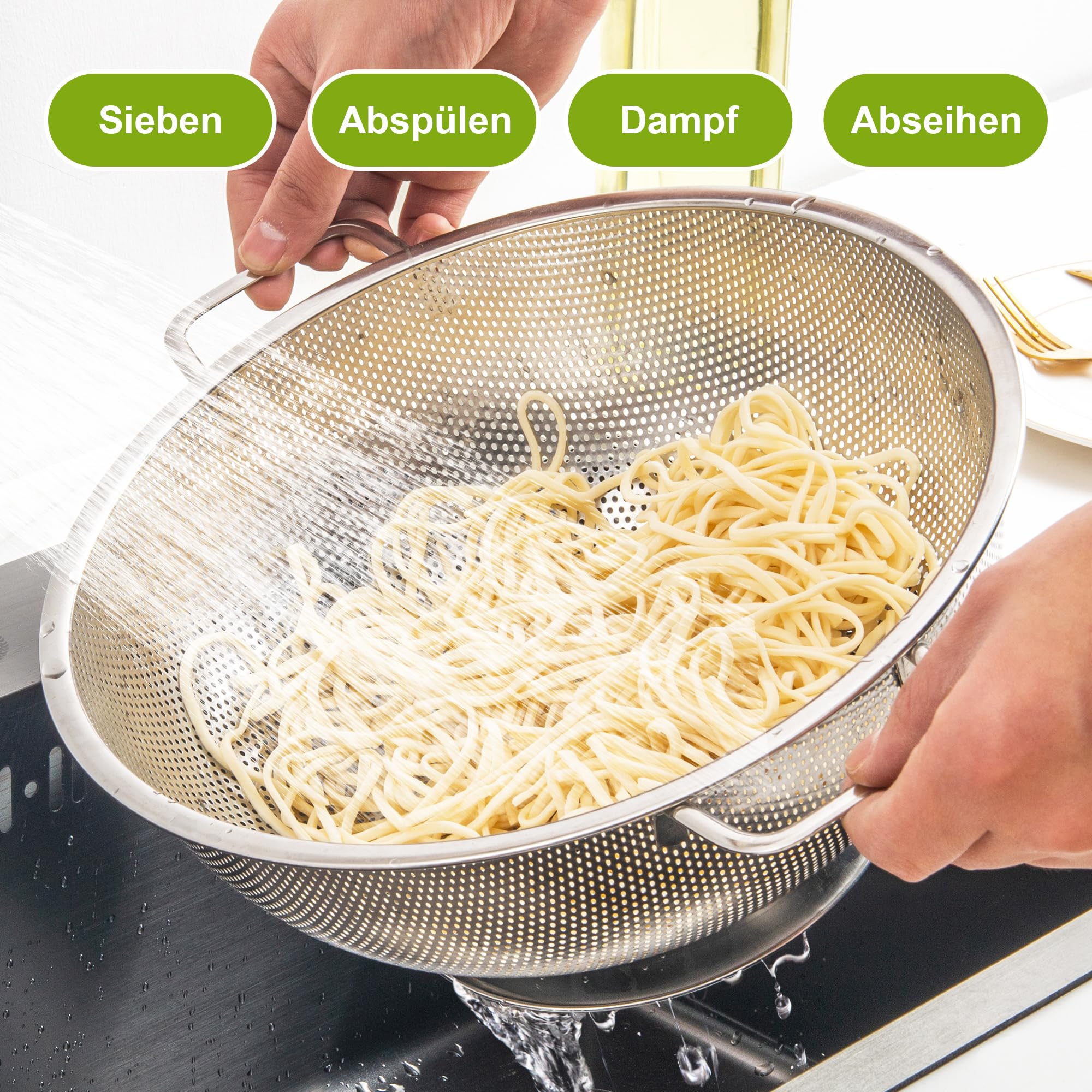 YC Kitchen Colapasta in Acciaio inox, Scolapasta da Cucina in Acciaio inox con Manici, Colino,Lavabile in Lavastoviglie,28,5cm