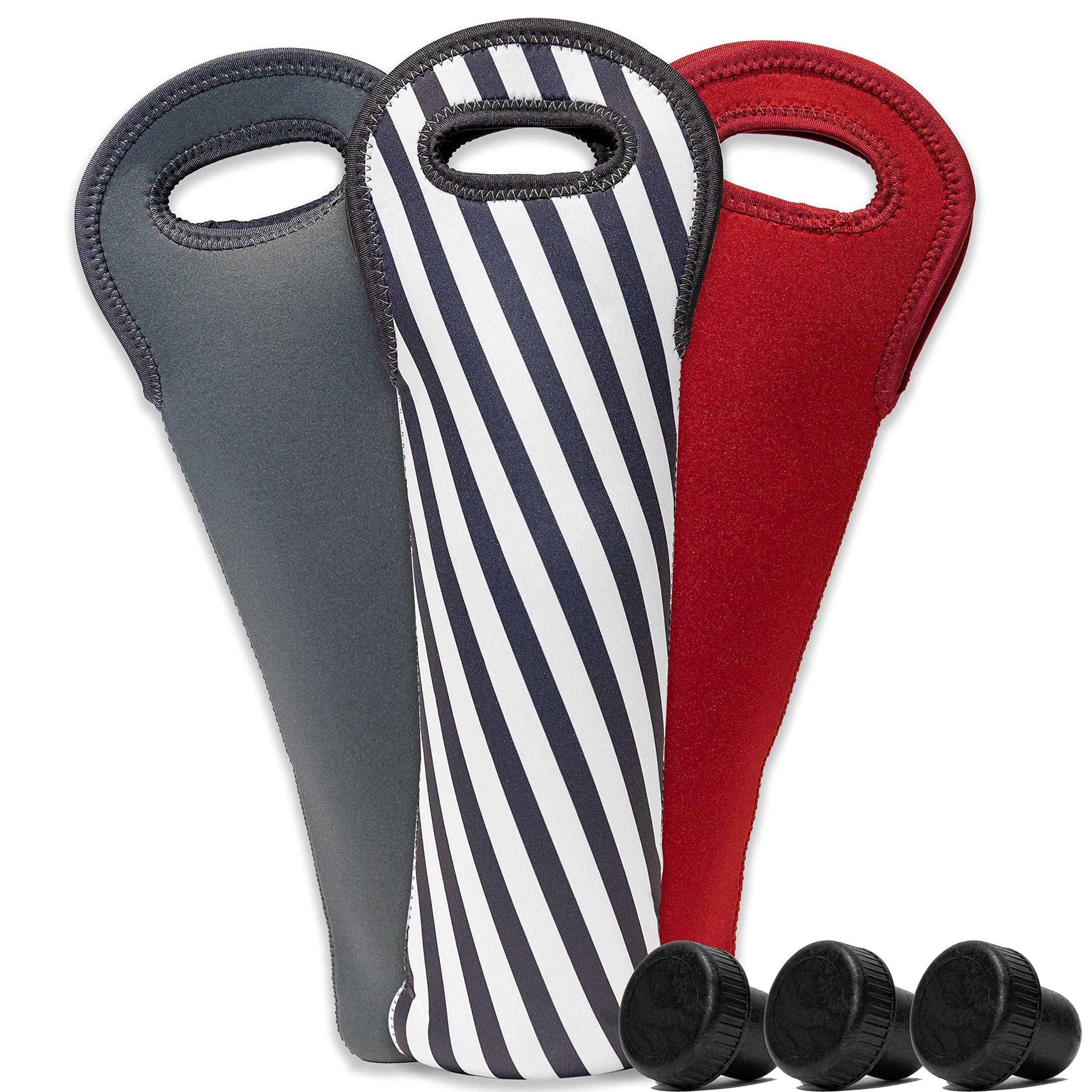 K-Musculo Caddo Hill Wine Bottle Carrier Bag (3) - Neoprene Wine Tote - Champagne Bottle Sleeve Portable Wine Bag for Beach, Travel, Gift Bag, Picnic + 3 Bottle Toppers