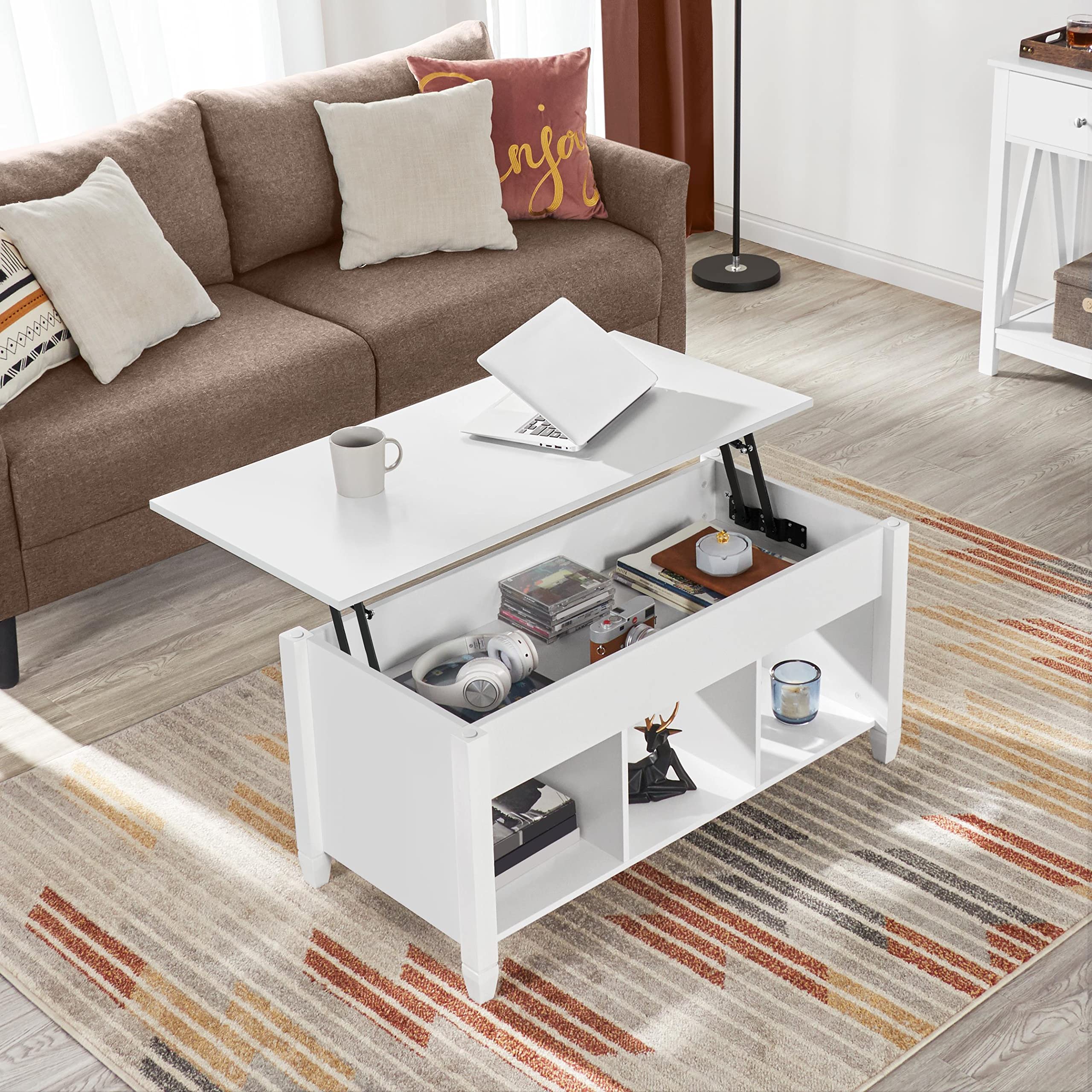 Yaheetech Couchtisch höhenverstellbar Kaffeetisch mit Hebeplatte Hubtisch versteckter Stauraum Beistelltisch aus Holz Sofatisch für Wohnzimmer Weiß