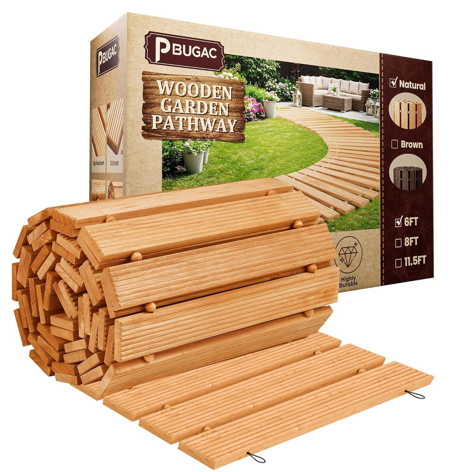 6FT Wooden Garden Pathway, Roll Out Walkway for Patio, Backyard and Outdoor Decor, Weatherproof, Non Slip and Easy to Install, Perfect for Beach, Wedding or Lawn (Natural)