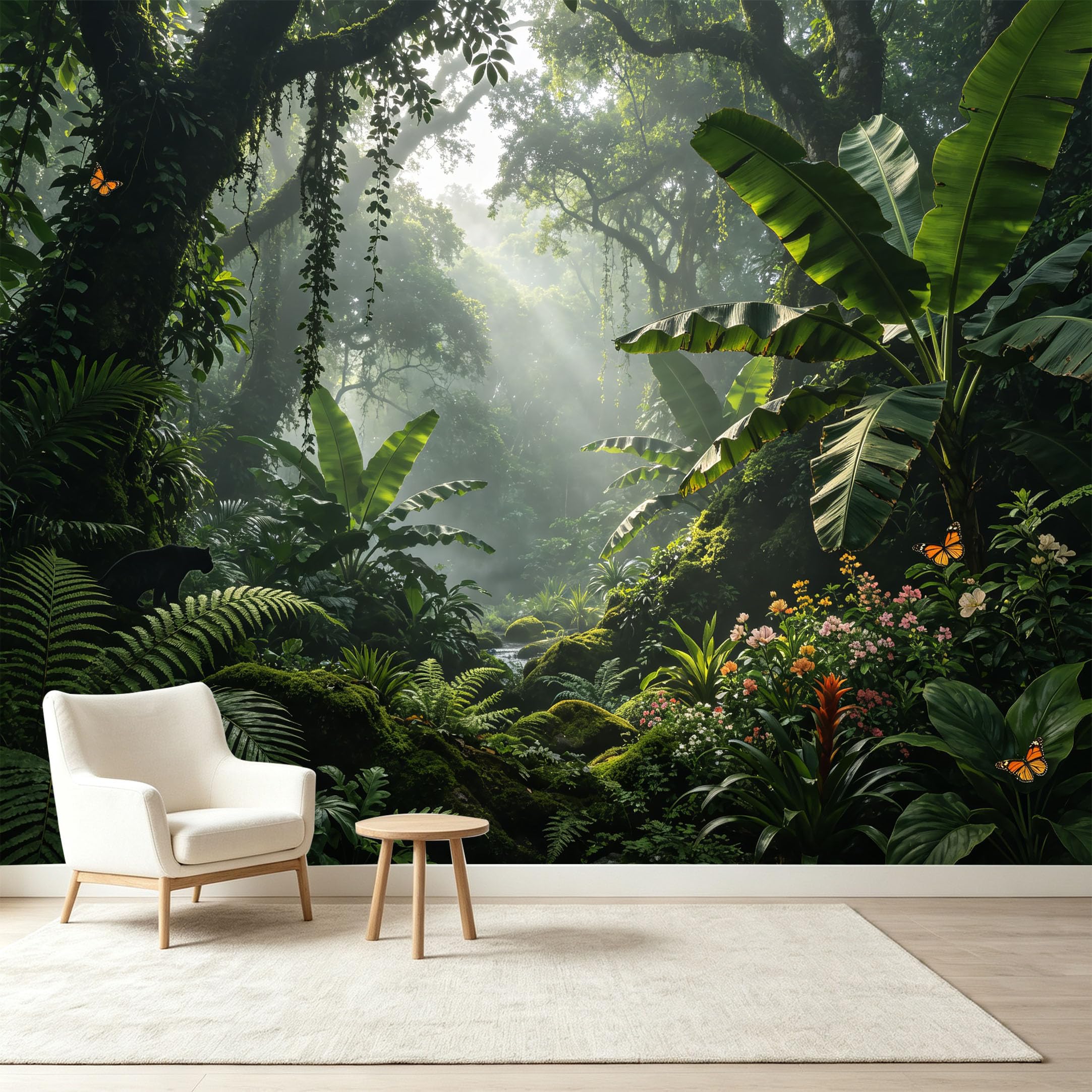 Custom Size Wall Murals Tropical Jungle Rainforest Botanical Fern Sunbeams Butterfly Self-Adhesive Wall Fabric Removable Wallpaper Wall Decor for Living Room Bedroom Bathroom