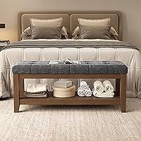 Liveinacomfortablehome Solid Rubber Wood Shoe Bench with Chenille Upholstered Seat, 770LB Capacity, Vintage Dark Gray Storage for Entryway Bedroom 43.3"