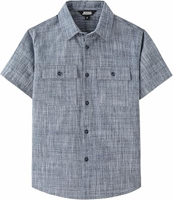 JOGAL Boys Chambray Button Down Shirt Short Sleeve Casual Cotton Shirts with Flap Chest Pocket
