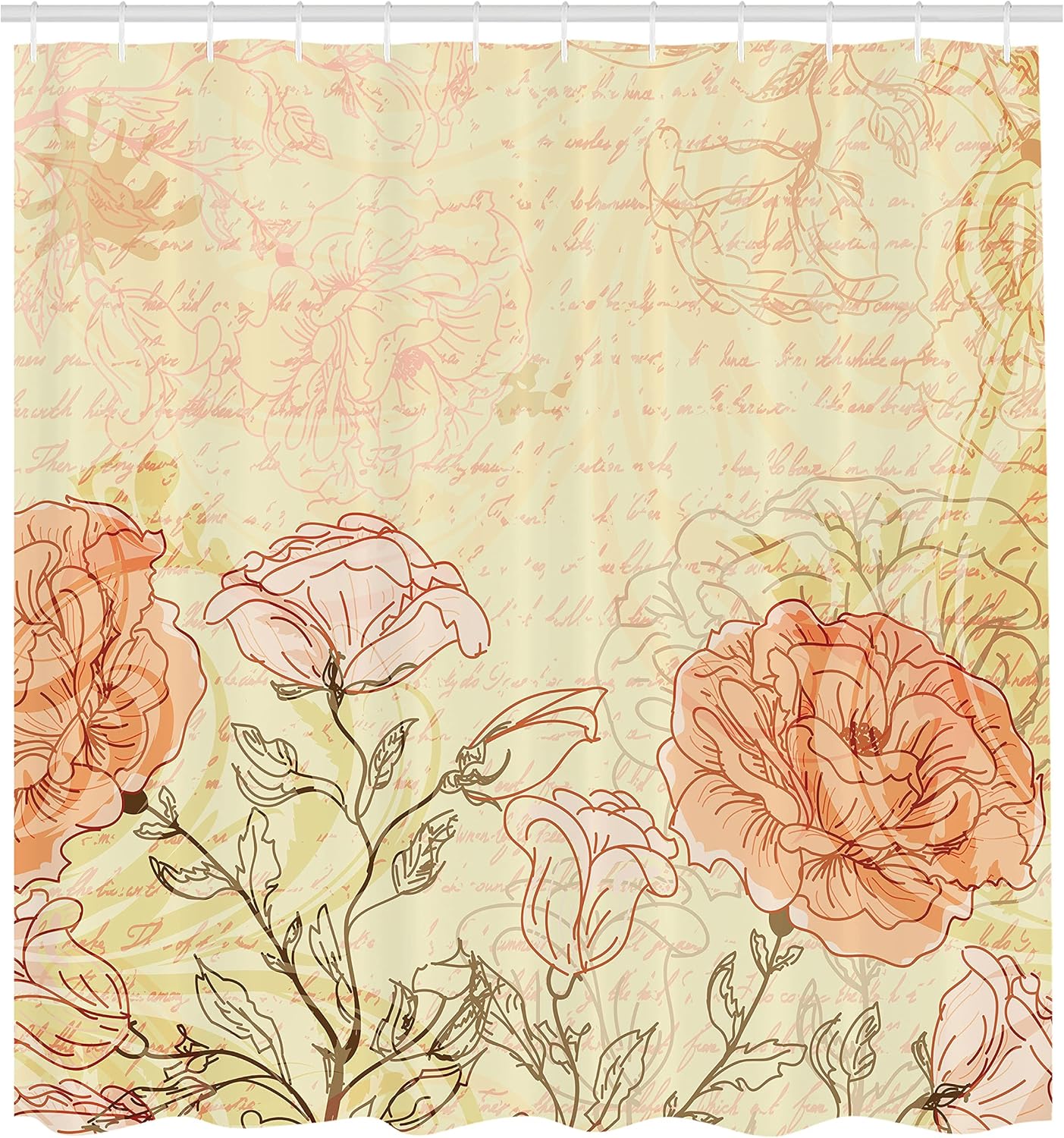 Ambesonne Vintage Shower Curtain, Double Exposure Background Roses and Lettering Love Words Once Upon a Time Theme, Cloth Fabric Bathroom Decor Set with Hooks, 69" W x 75" L, Cream Pink