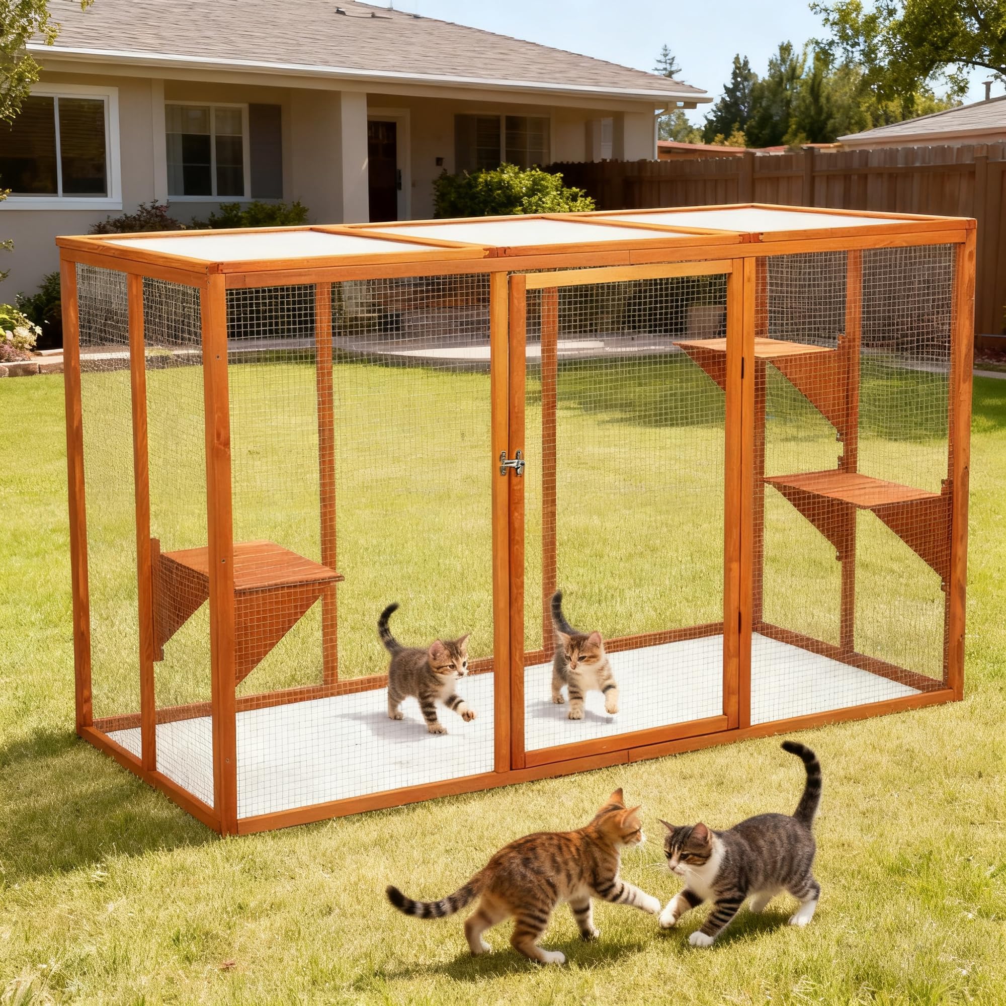 Catio Outdoor Cat Enclosure, 180 x 80 x108 cm Cattery Outdoor for Cats House Cage Indoor, Wooden Catio with Lockable Door, 3 Platforms, Weatherproof, Accommodate Up to 5-7 Cats