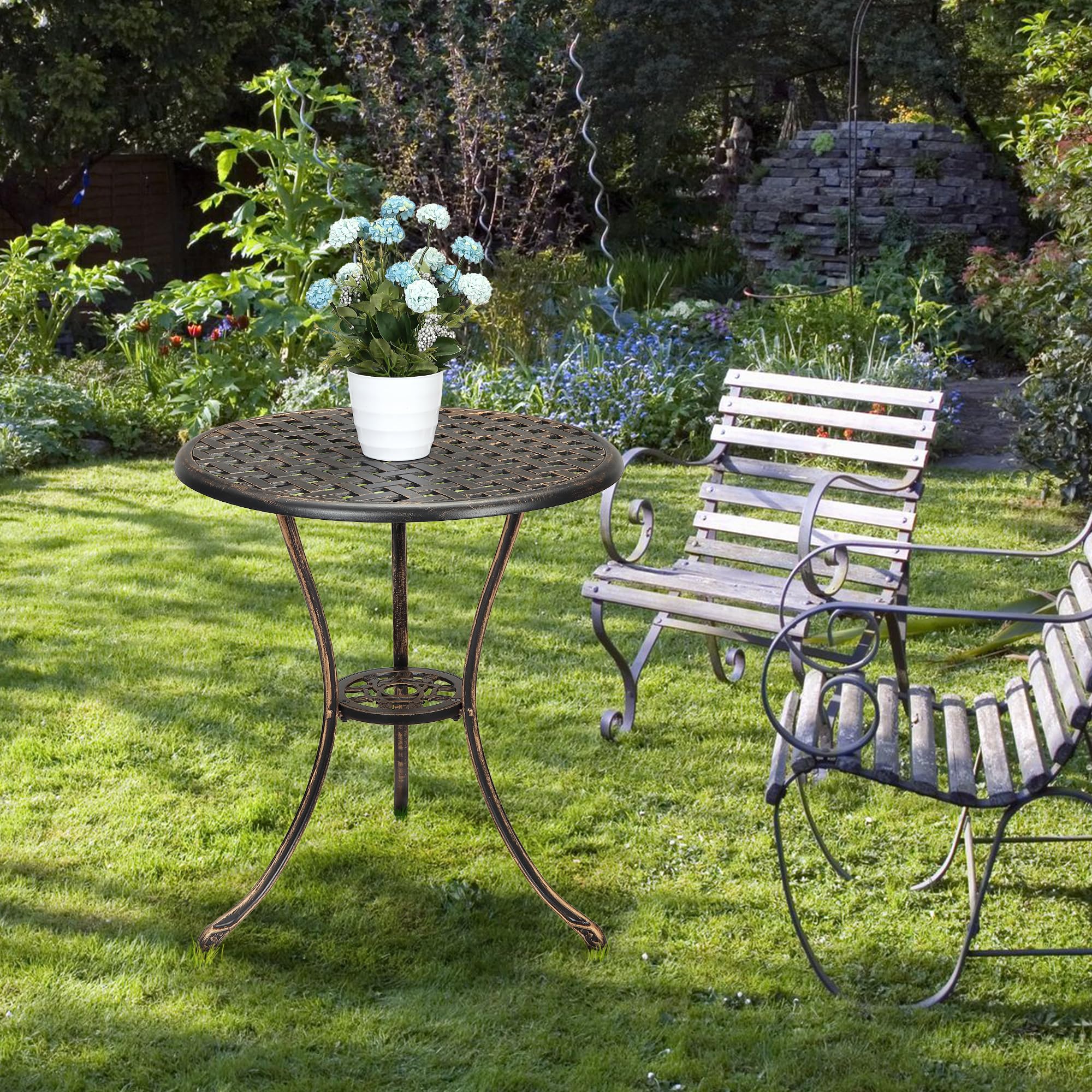 Zstar Table de Jardin Ronde en Fonte d'Aluminium avec Trou de Parasol 5 cm Table de Bistro Extérieure Vintage Ø61 cm pour Balcon Terrasse Patio Jardin Bronze