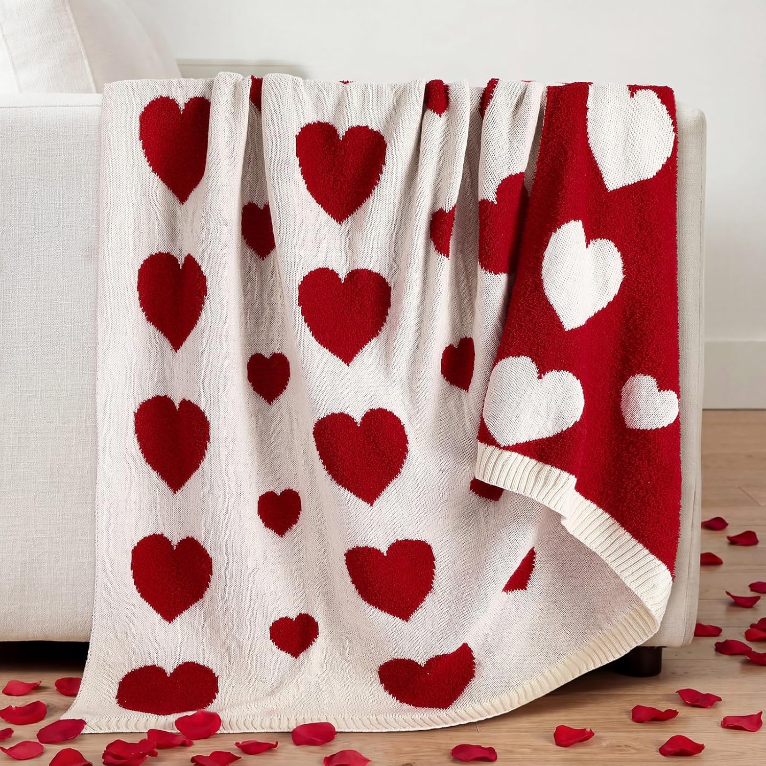Breling Valentine's Day Throw Blanket Valentine's Day Gift Love Heart Red and White Reversible Knitted Throw Blanket for Her Wife Women Couch Sofa Bed Decor, 50"x 60"