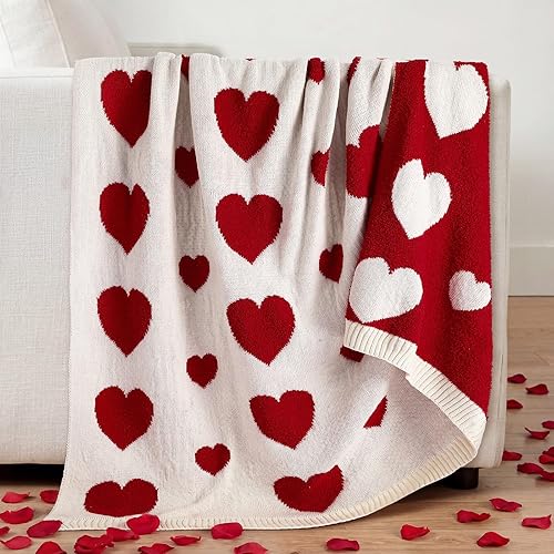 Breling Valentine's Day Throw Blanket Valentine's Day Gift Love Heart Red and White Reversible Knitted Throw Blanket for Her Wife Women Couch Sofa Bed Decor, 50"x 60"