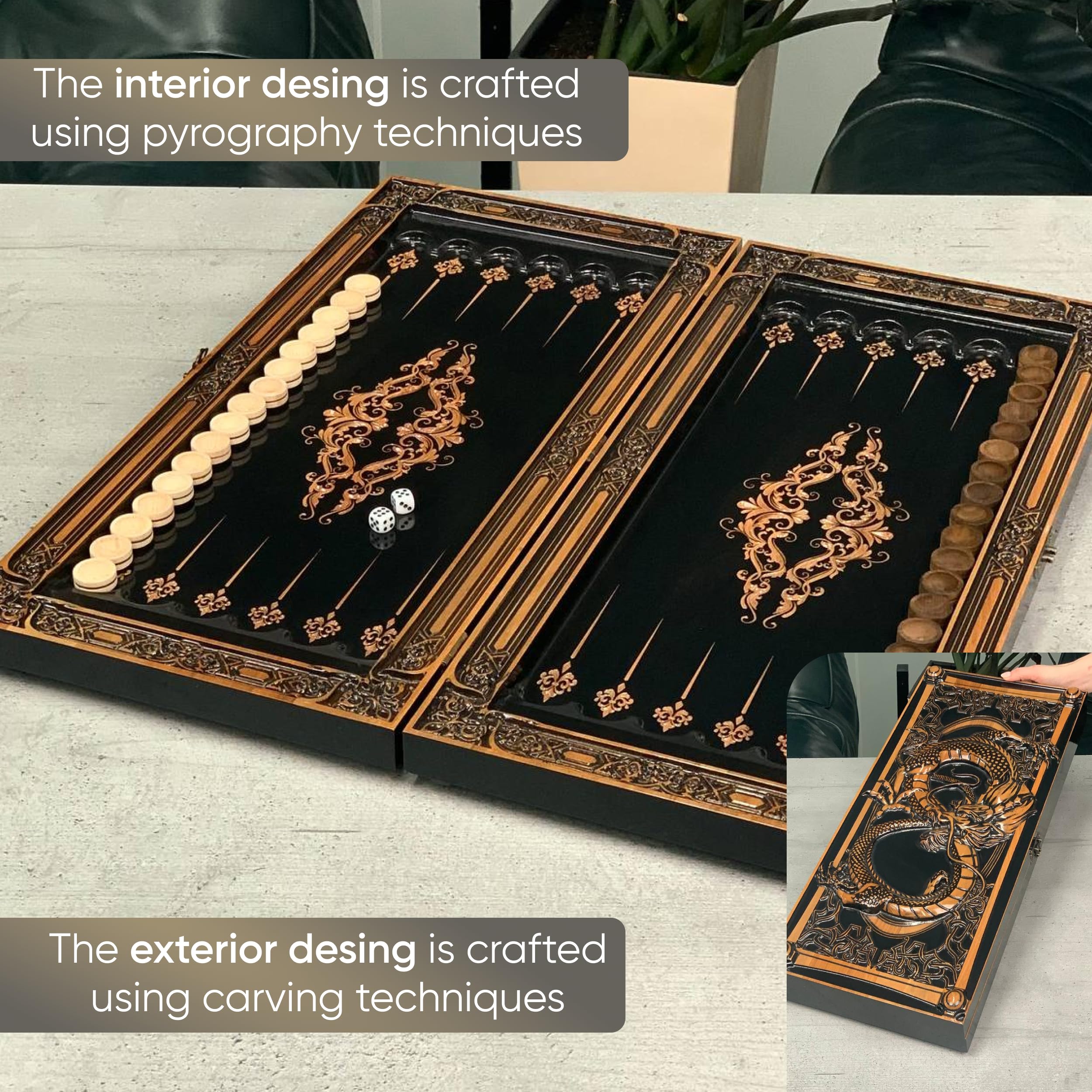Backgammon - Fabriqué à la main - En bois massif - Grande sculpture de dragon - 60 cm - Jeu de société élégant en bois d'érable avec 32 pions et dés en bois - Idée cadeau de luxe pour les