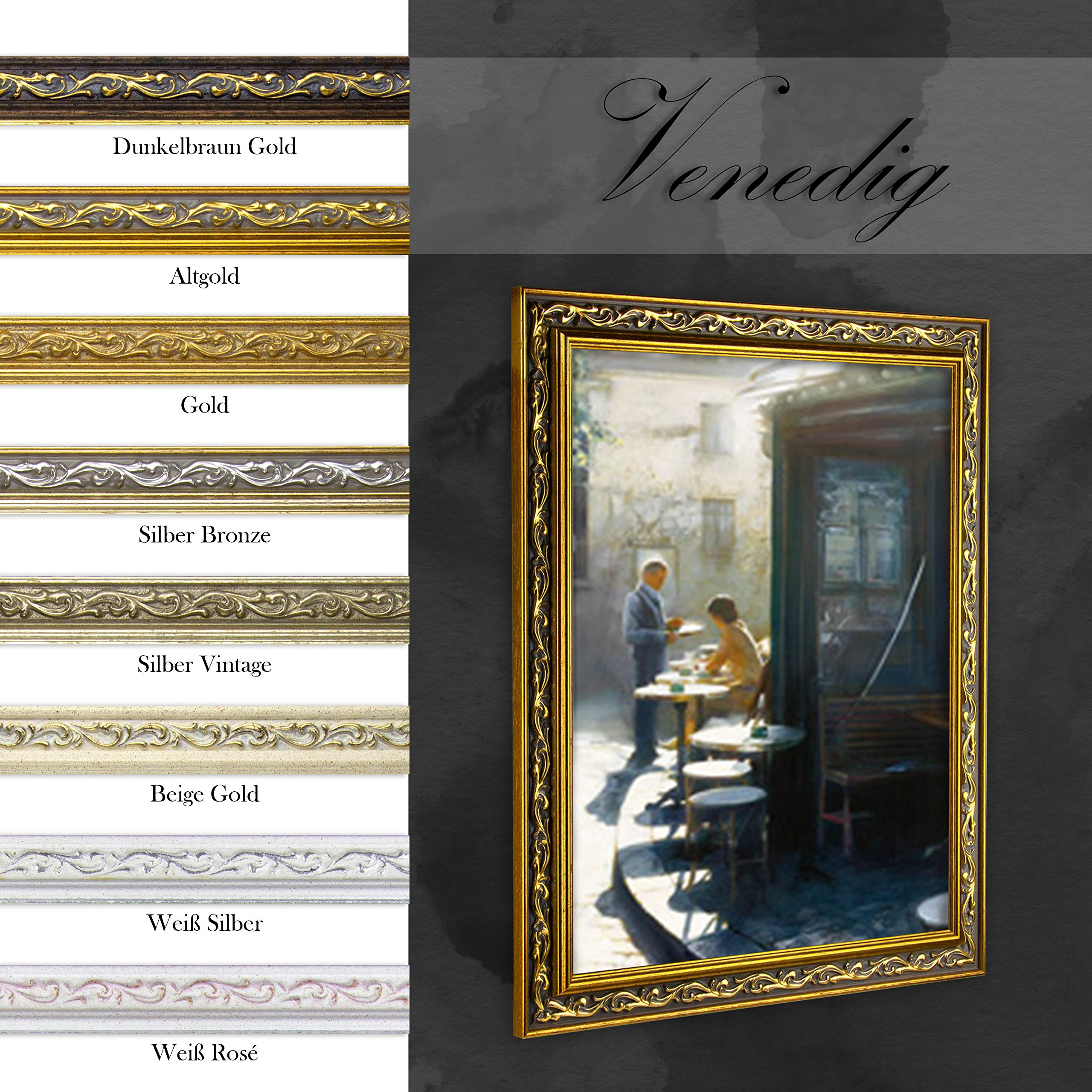 BIRAPA Venedig Massiv-Holz Venedig 40x60 cm in Farbe Gold - Bilder-Rahmen Gold Vintage - Foto-Rahmen Collage