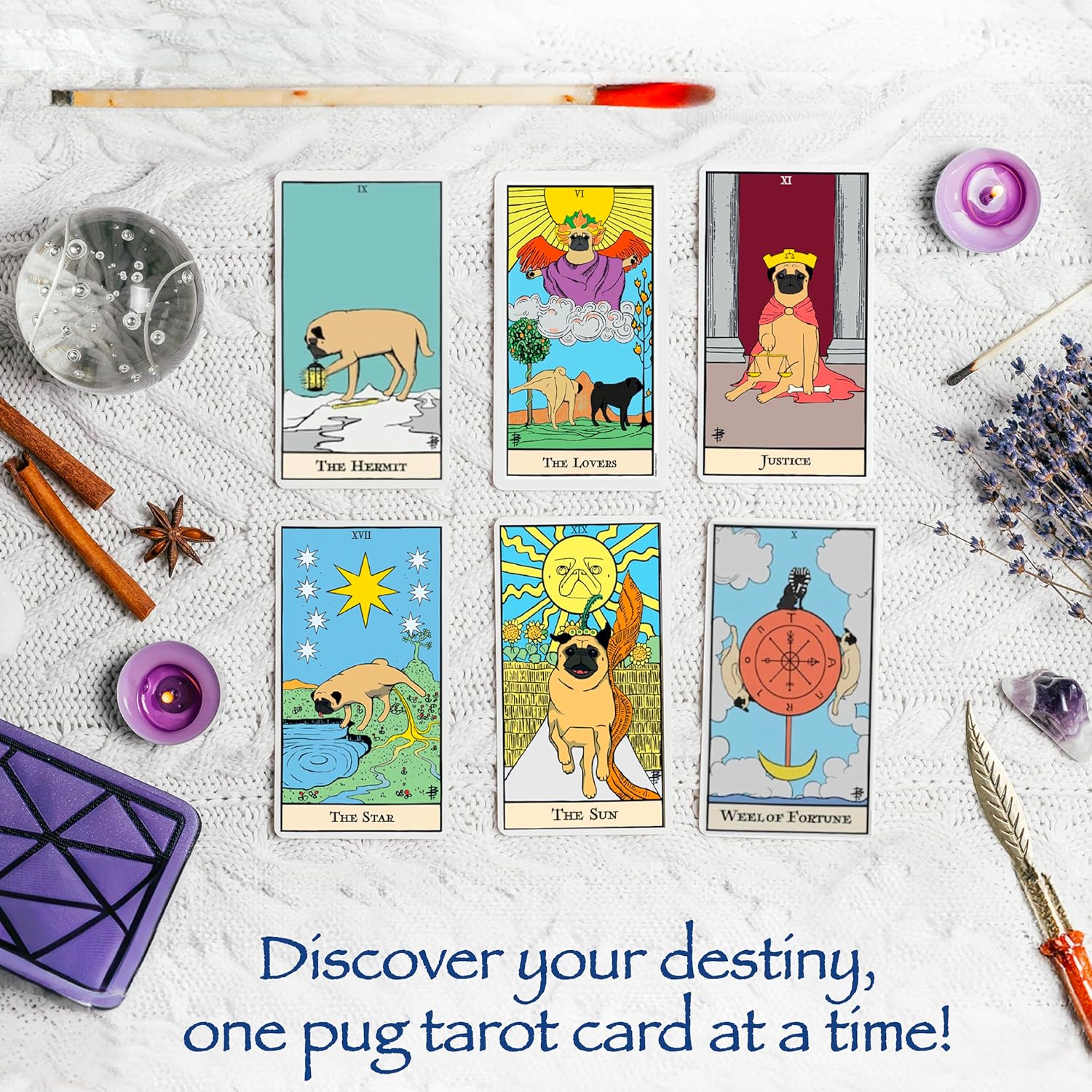 Thames & Kosmos pug tarot, tarot cards with funny dog illustrations, easy-to-use tarot card deck, family games for adults and kids, age 12+