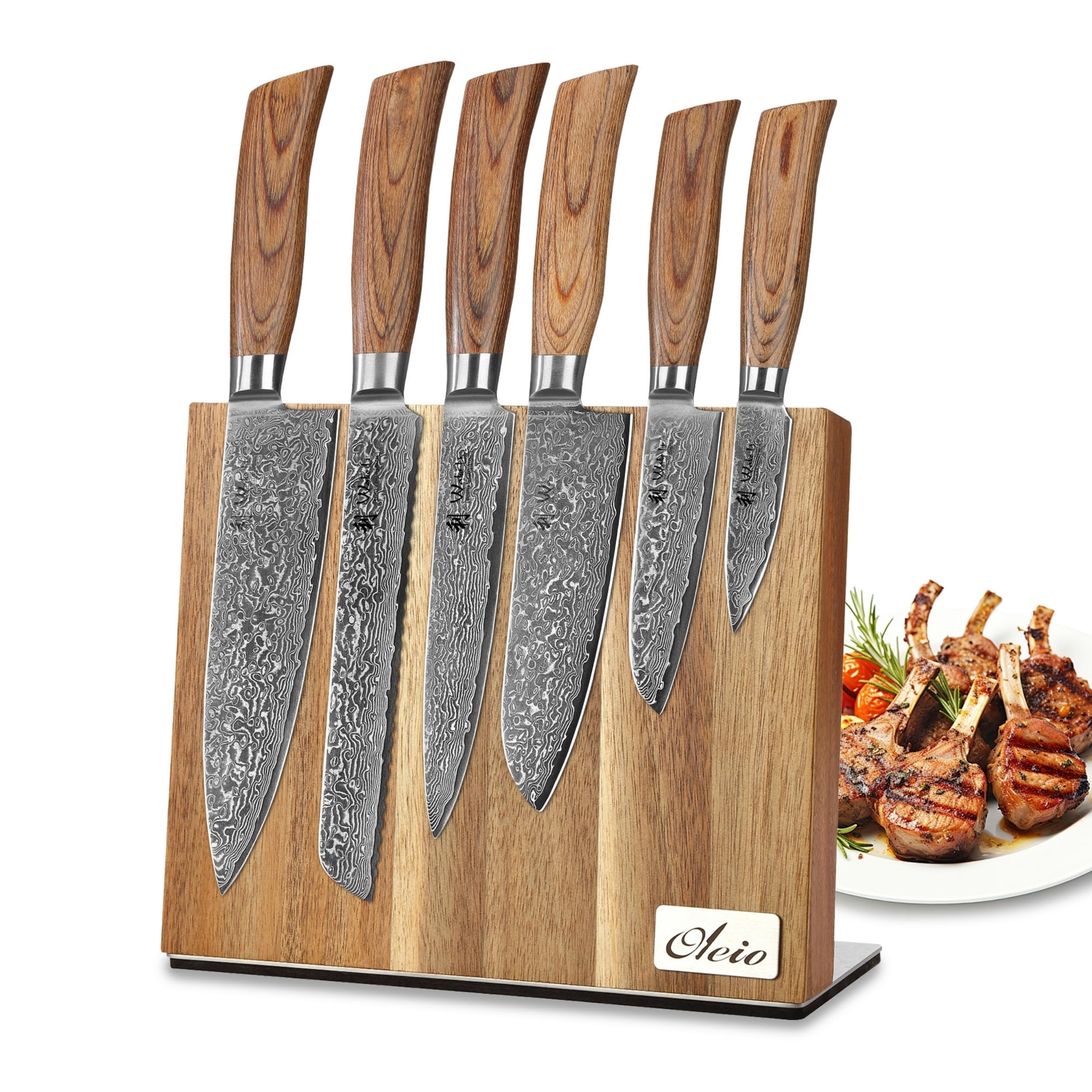 Wakoli EDIB Pro Messerblock Set mit 6 Damastmessern, 67 Lagen, VG10-Kern | Enthält Chefmesser, Brotmesser, Fleischmesser, Santoku, kleines Santoku und Officemesser sowie magnetischen Akazienholzblock
