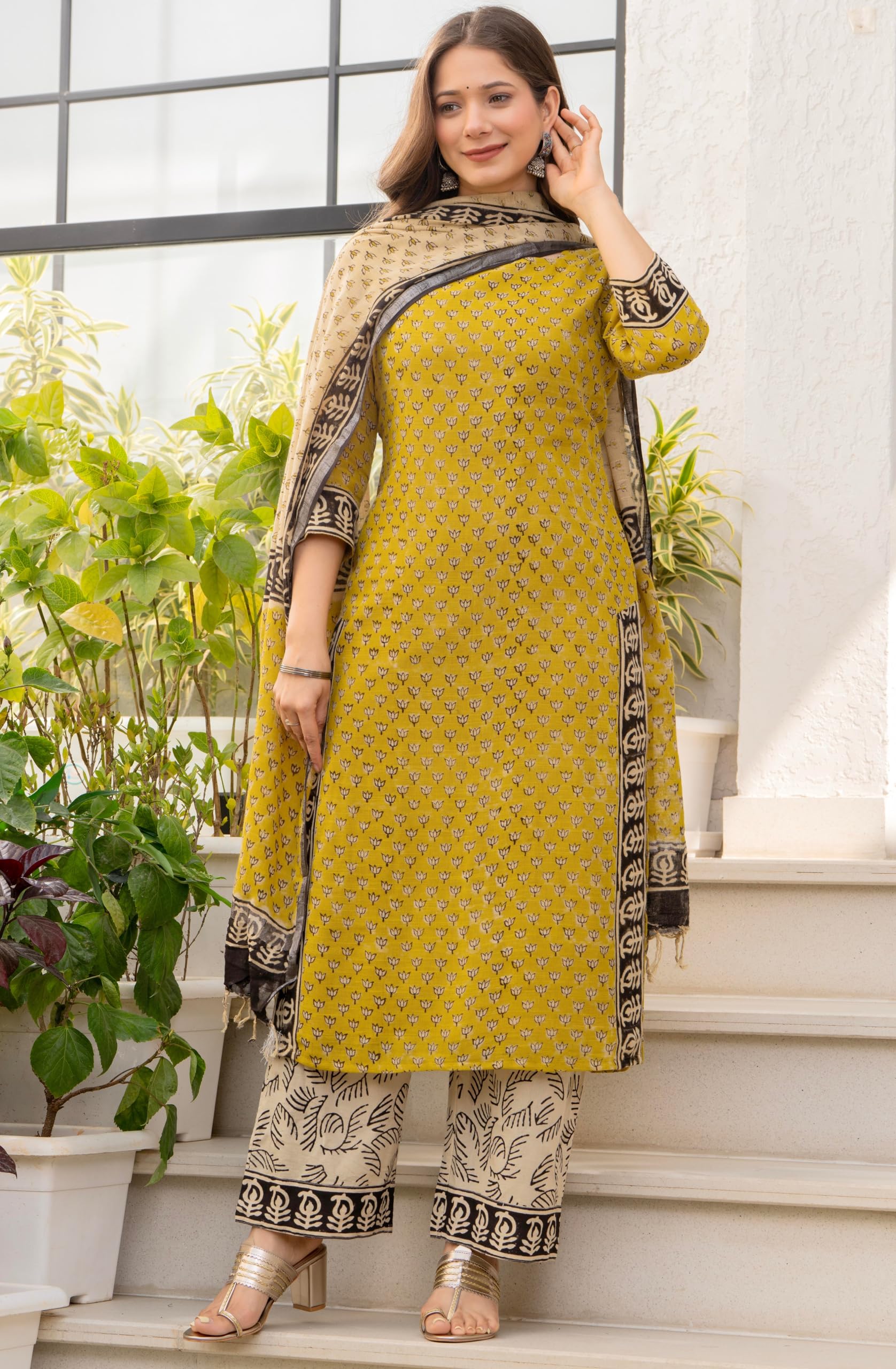 Amayra Women's Pure Cotton Straight Kurta Set with Palazzo Pants & Dupatta|Ethnic wear|Kurta Set for Women(TCK737-N,Yellow,L) 2