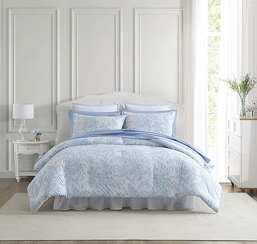 Laura Ashley - Juego de edredón individual, juego de ropa de cama reversible de algodón con fundas a juego, decoración del hogar de granja (azul