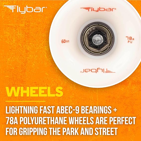 Flybar Skate Cruiser Boards 24 27.5 Strong 7 Ply Canadian Maple Complete Skateboards - 60mm PU Wheels with High Speed ABEC 9 Bearings