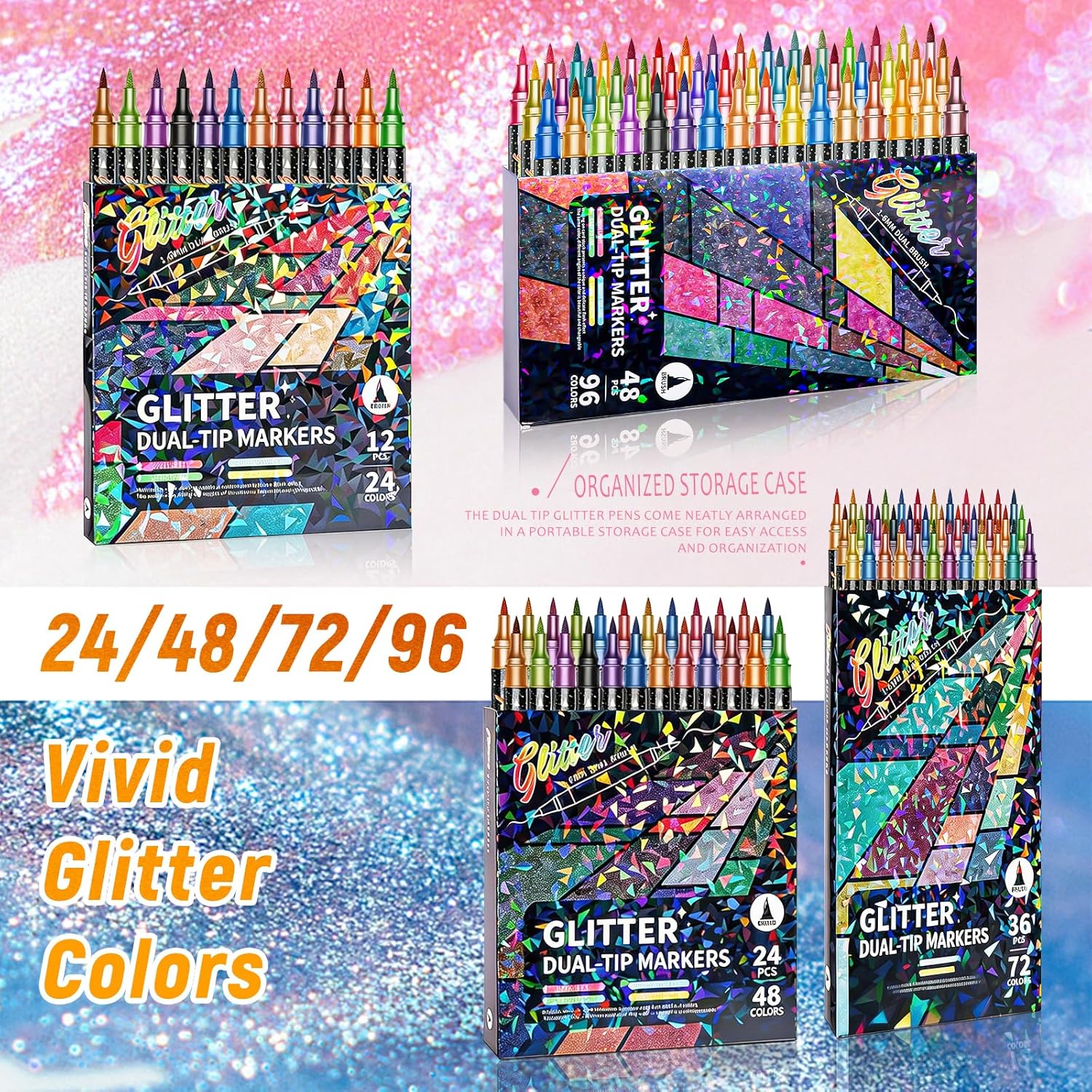 24/48/72/96 Colors Glitter Effect Brush Markers, Glitter Dual-tip Double Colours Shimmer Markers, for Coloring, Journals, Planners, Scrap booking & Card Making (48/96color)