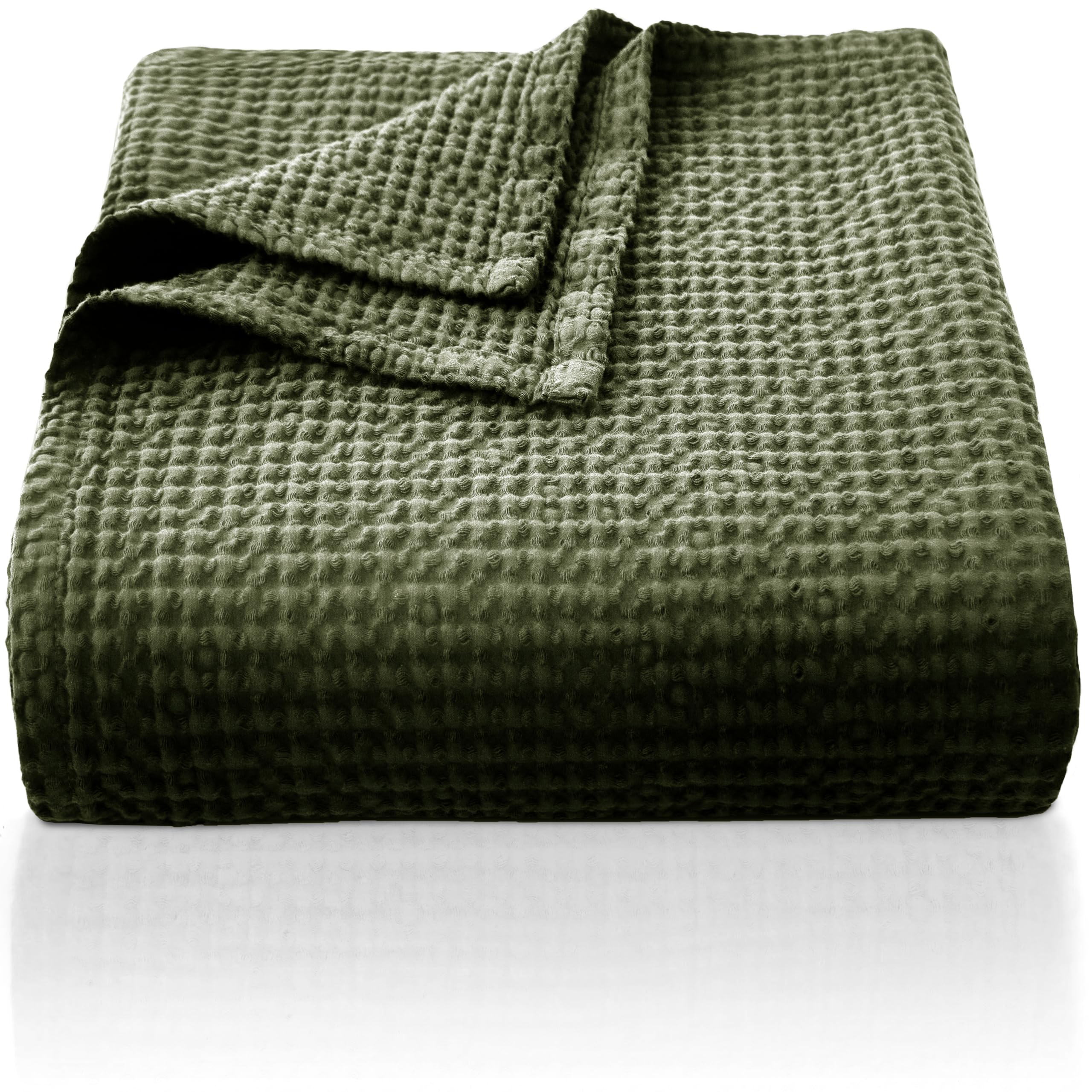 CHUFFED 100% Baumwolle Decke 150 x 200 cm, Weiche und Atmungsaktive Tagesdecke, Waffelmuster Leichte Decke als Sofadecke Couchdecke, Weich Kuschelige Wohndecke Wohnzimmer, Sofa Couch Olivgrün