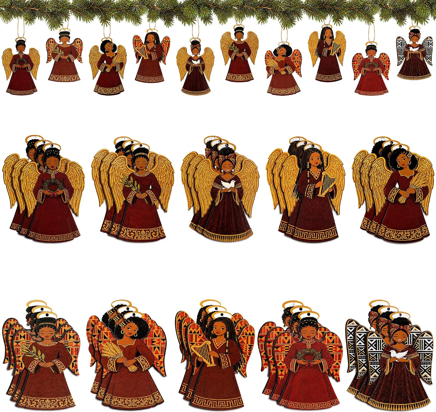30 Pcs Wooden African American Red Angel Ornaments, Christmas Tree Decor