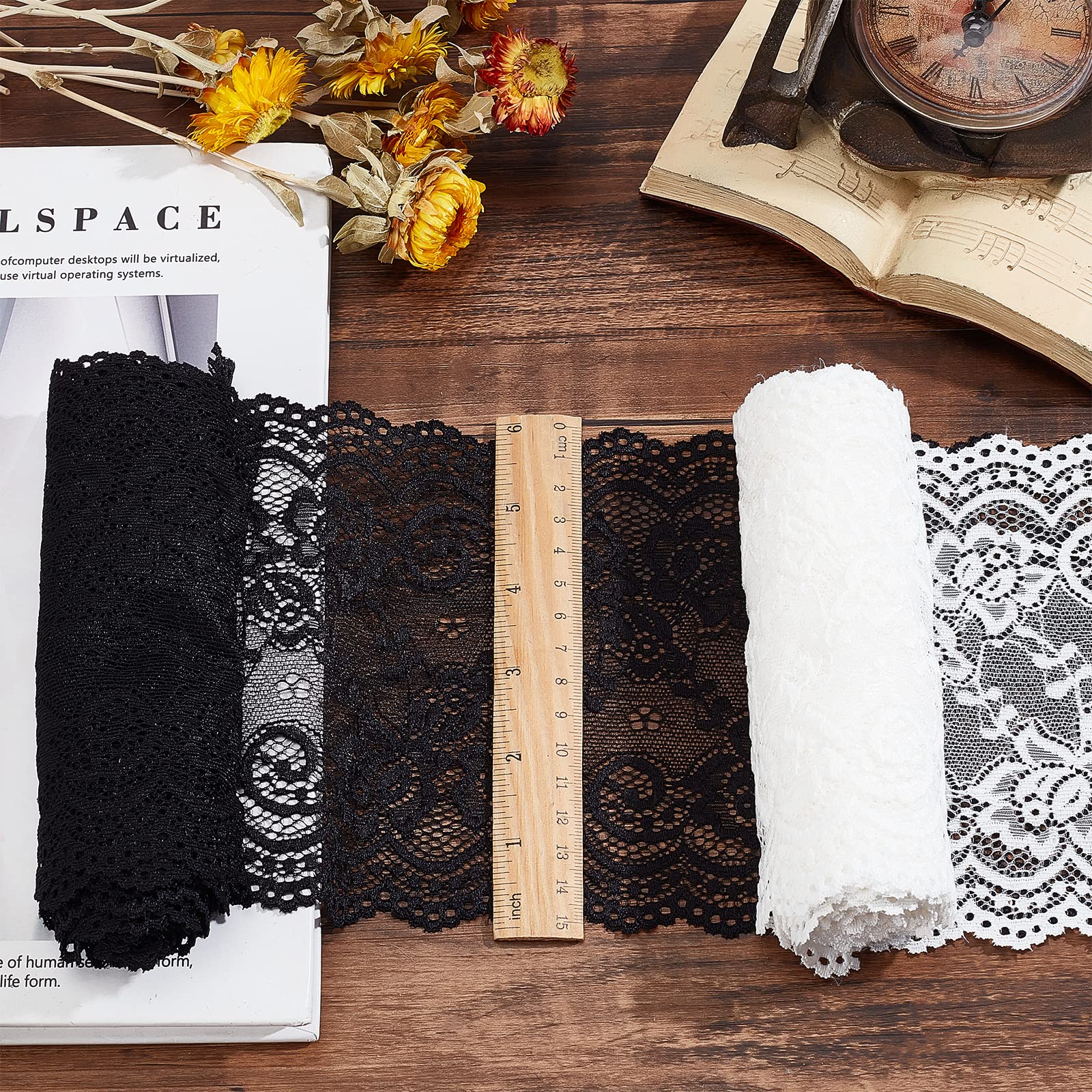 GORGECRAFT 5 Yards 2 Rolls 6.3 Inch Wide Stretch Elastic Lace Ribbon White Black Floral Rose Pattern Trim Fabric for DIY Sewing Craft Costume Hat Hair Band Tablecloth Wedding Decoration Supplies - Image 3
