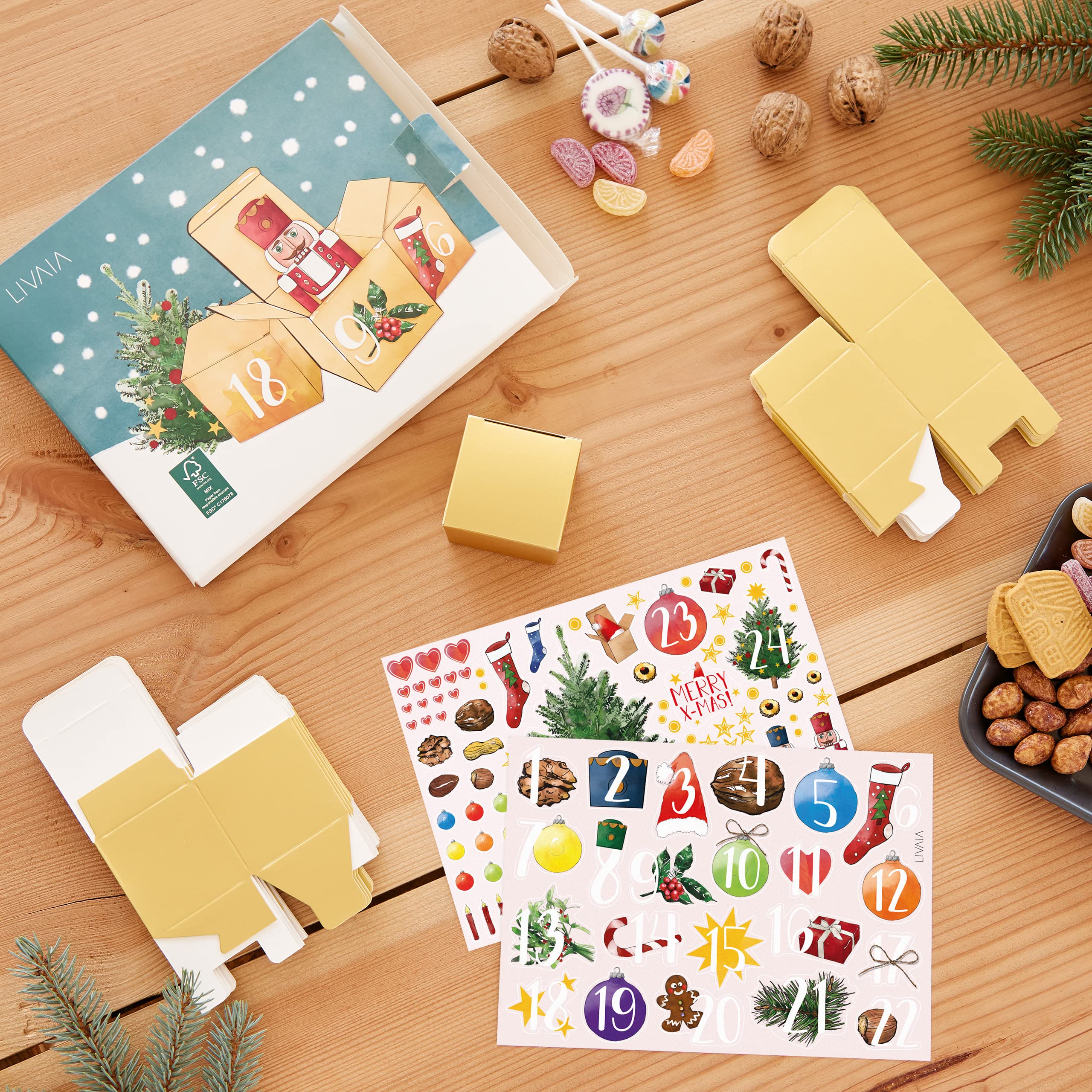 LIVAIA Calendario Avvento da Riempire: Calendario Avvento 2024-25 Scatole Piccole Regali Natale, Adesivi Personalizzati - Calendario Avvento Fai da Te, Kit, Scatole Regalo per Creazioni Uniche