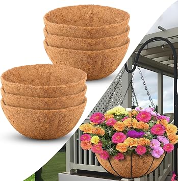 Sinimaka Coco Liners for Planters 14 Inch, 6 Pack Round Hanging Basket Liners, Coconut Fiber Liners for Planters Flowers Garden