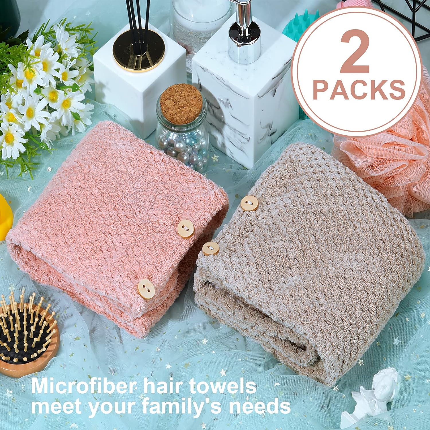 Microfiber Hair Towel - 2 Pack Hair Towels for Women, Microfiber Towel for Hair, Super Absorbent Quick-Dry Hair Drying Towel with Button Design, Hair Turbans for Wet Hair 10 x 26 Inches : Everything Else