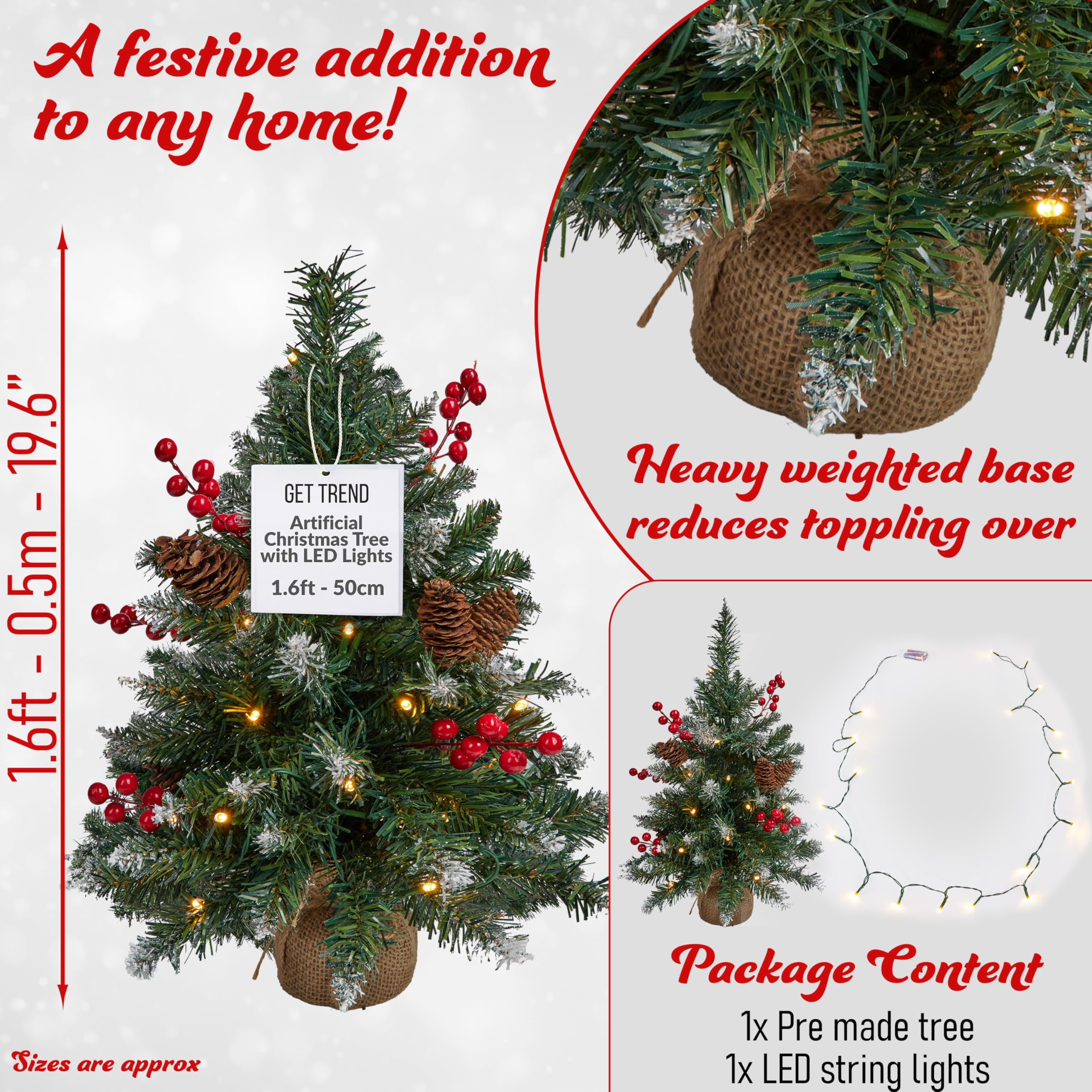 Get Trend Albero di Natale con Luci Incorporate, 50 cm Alberi di Natale Piccoli LED a Stringa e Punte Smerigliate, Decorazioni Natalizie per Tavolo e Ufficio (Verde)
