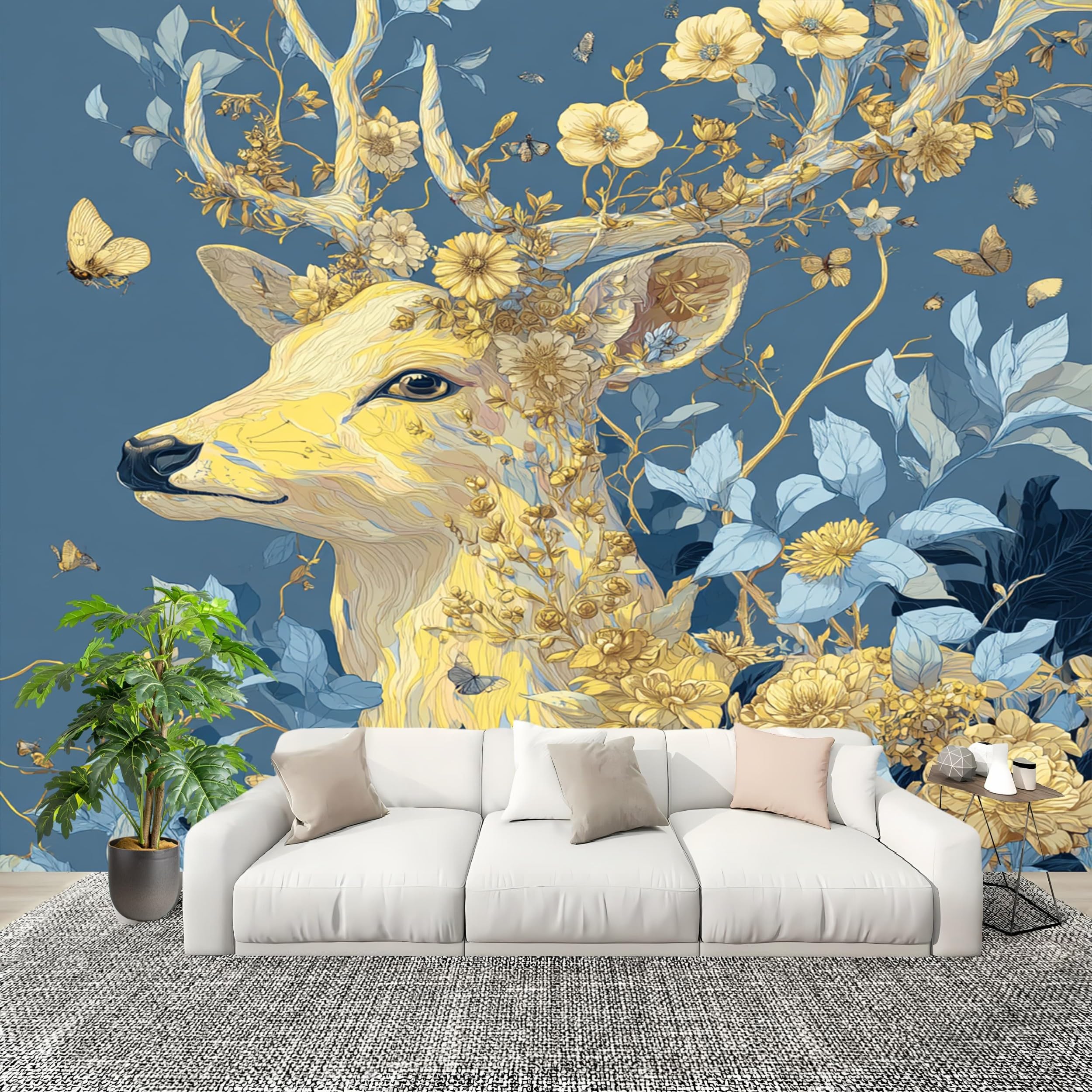Papier Peint Intissé Mural Photo Cerf Fleurs Abstraits