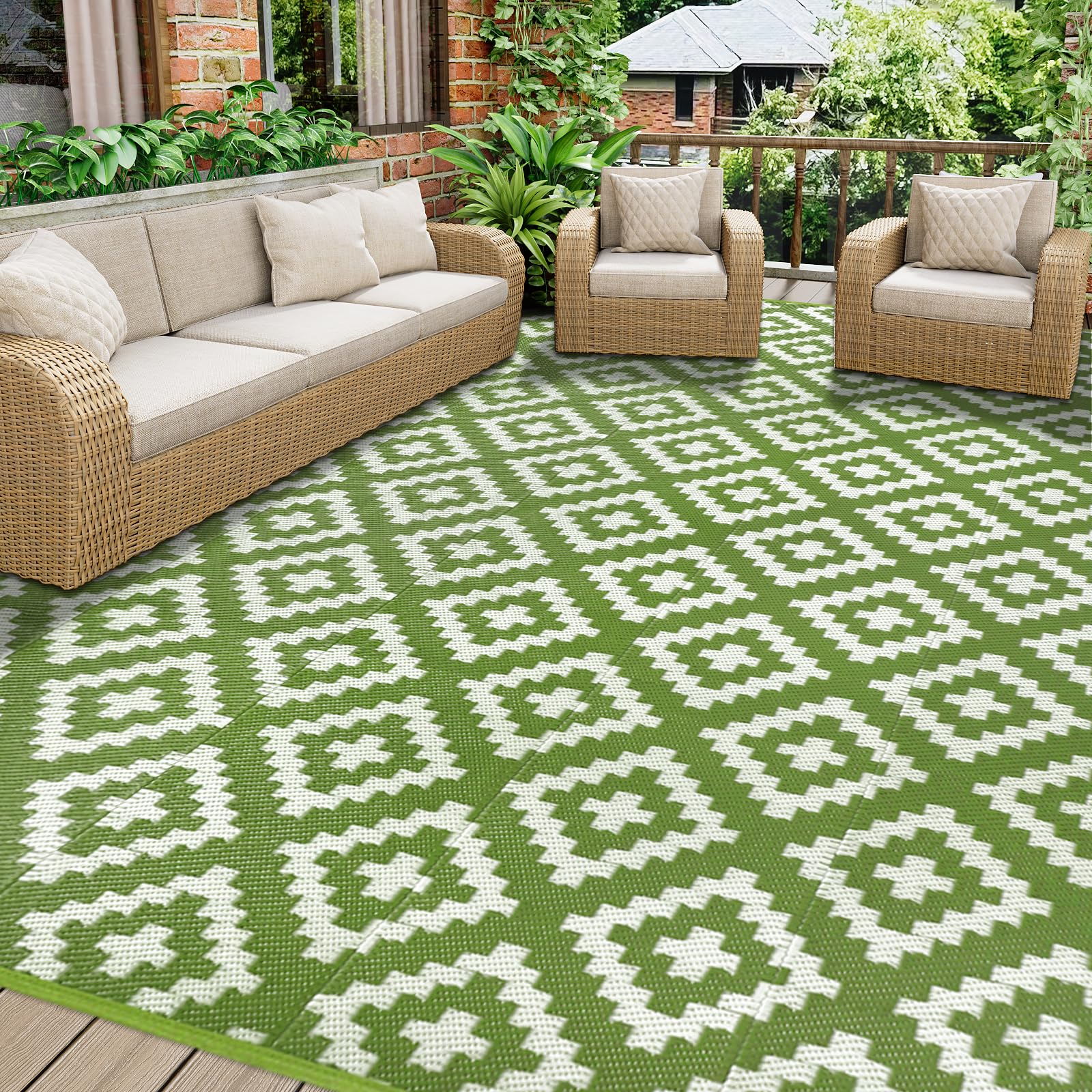 Homcomodar Outdoor Teppich für Patio Clearance UV-beständige Camping Matte Kunststoff Stroh Teppich wasserdichte Patio Teppich Reversible Matte für BBQ Picknick Balkon Beach Deck