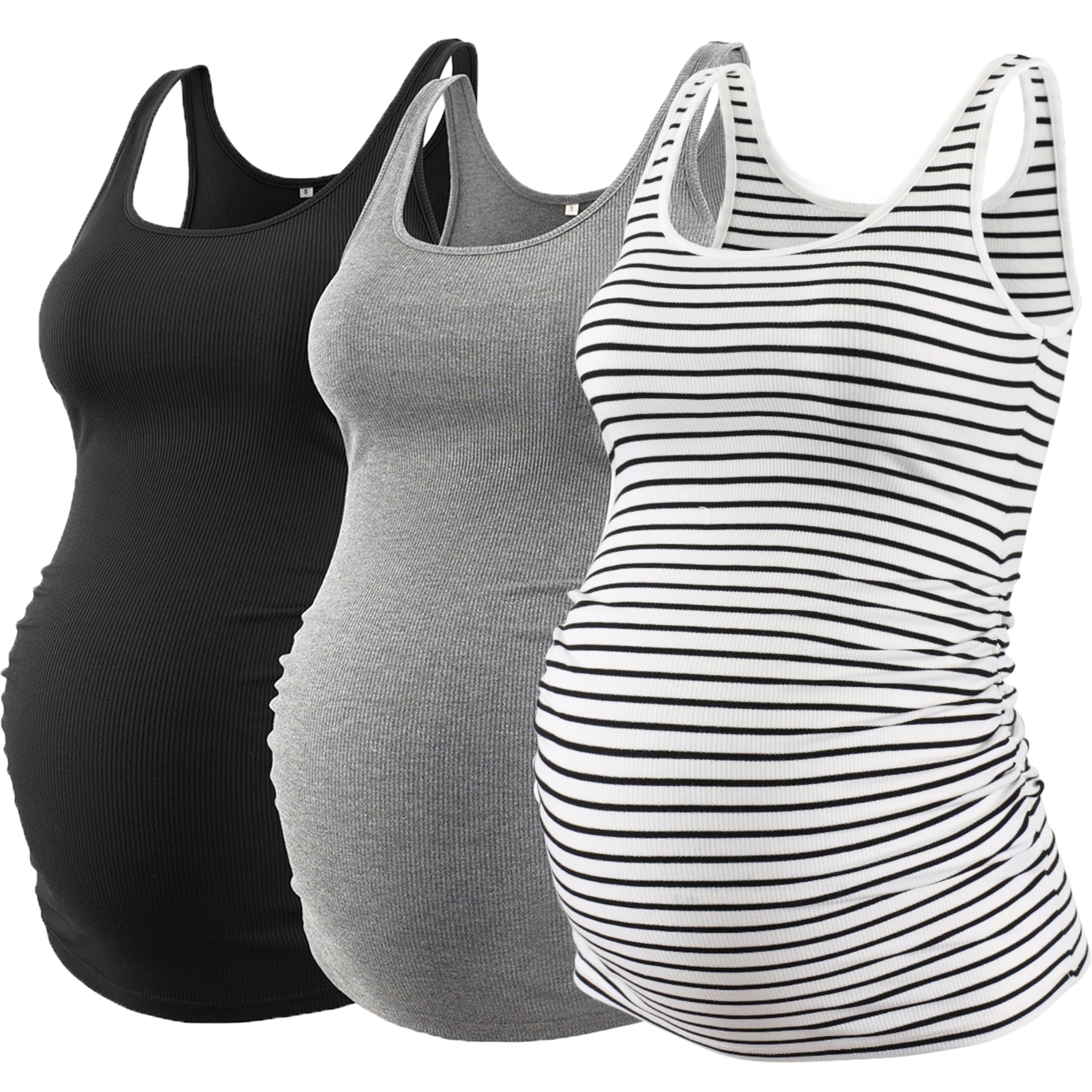 Liu & Qu Maternity Tank Tops Rib Side-Shirred Sleeveless Pregnancy Basic Shirt 3-Pack