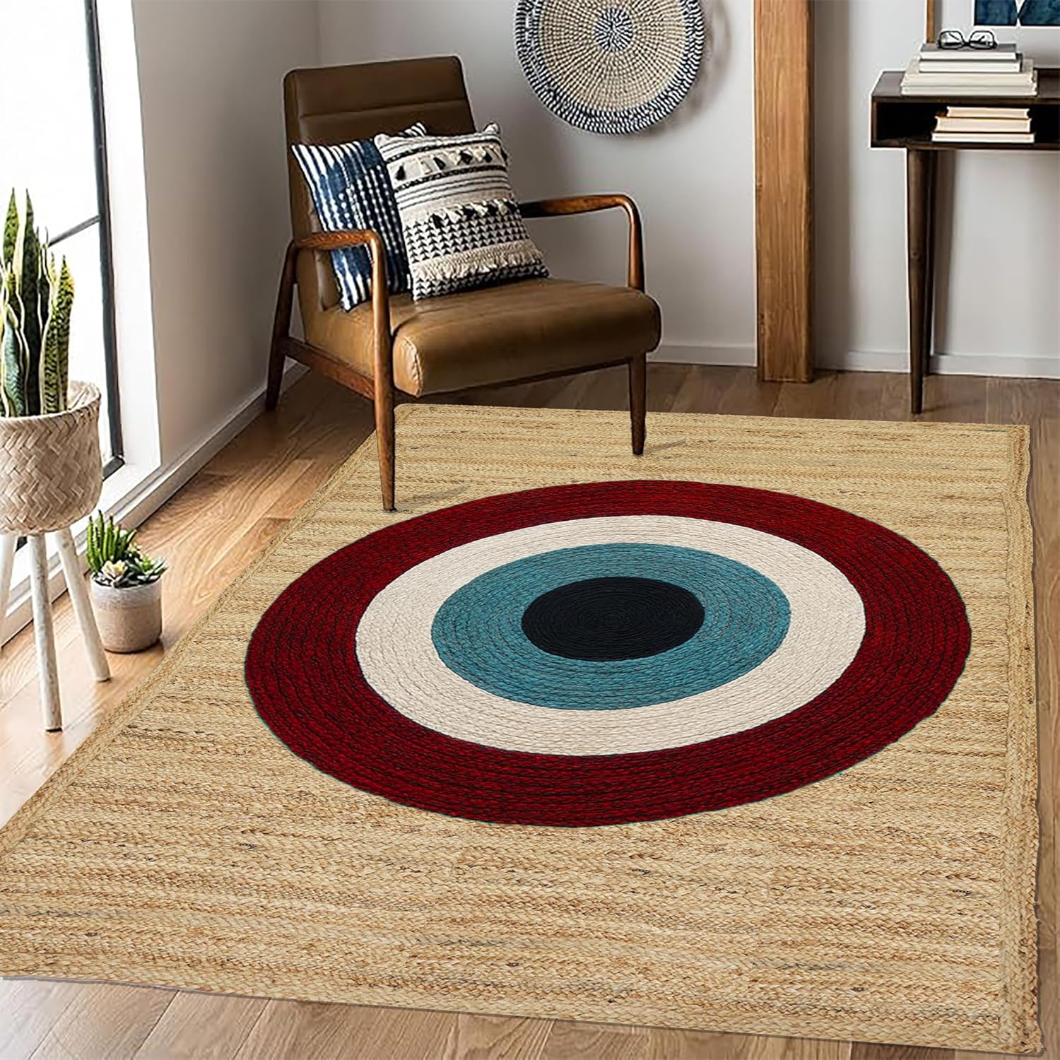 Heavy Material Handmade Jute Area Rug Natural Jute Kilim Rug 10x18 Thick 0.27" Geometric Red & Beige Evil Eye Rugs for Kids Room Bedroom Dining Table Farmhouse Decor Carpet