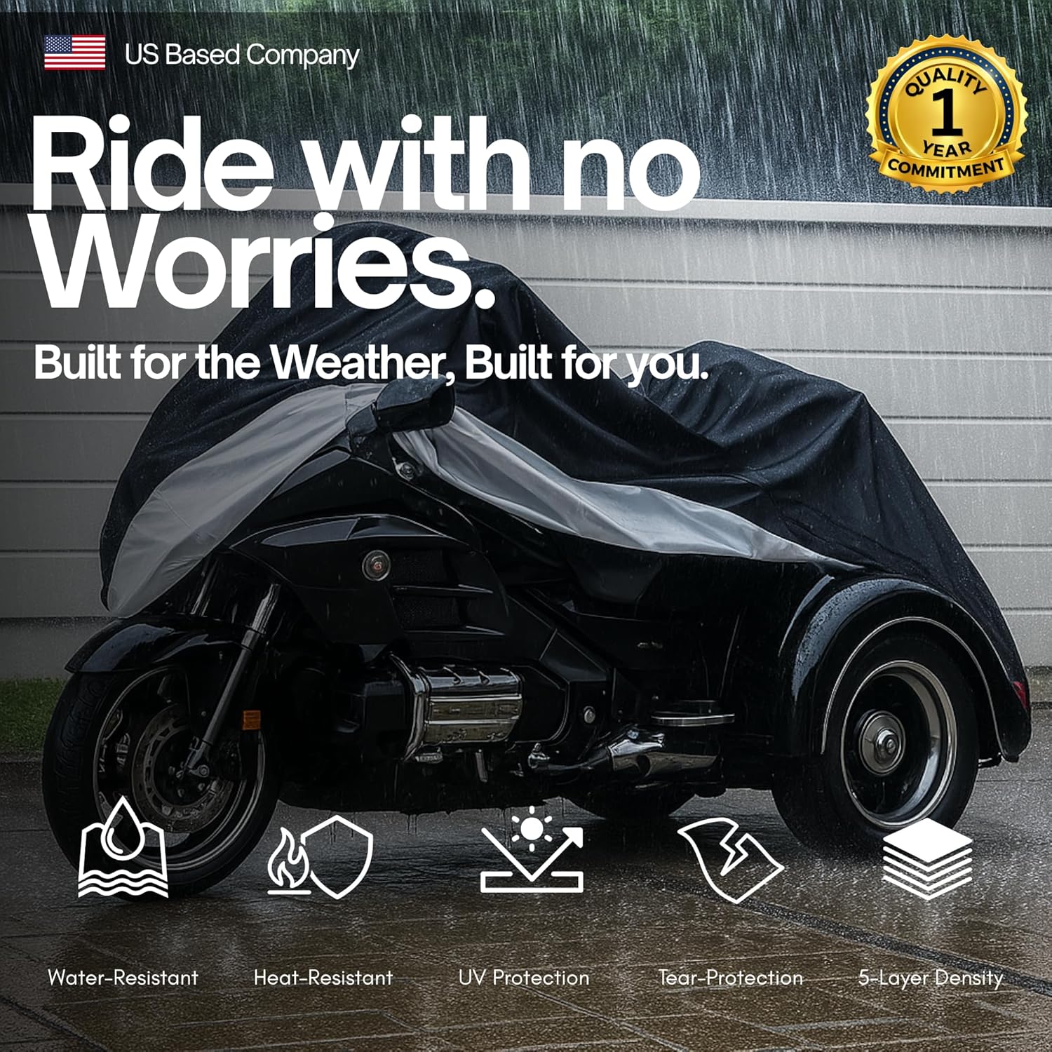 Formosa Covers XL Trike Motorcycle Cover - Cotton Windshield, Water-Resistant, All-Season, Heavy Duty - Fits Harley Davidson Triglide, Honda Gold Wing, California Sidecar, Kawasaki, Suzuki, Yamaha