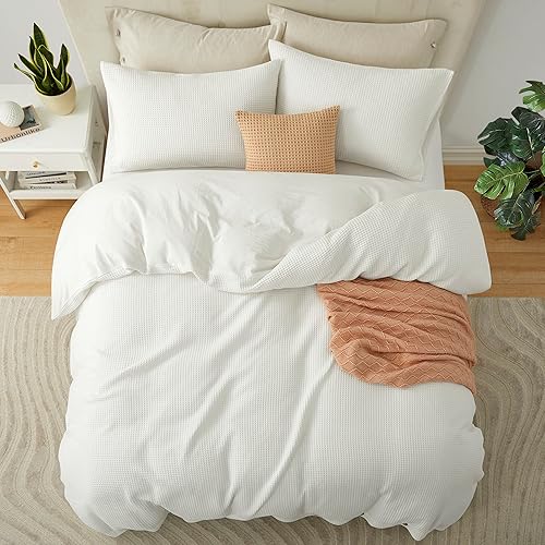 Miniatura 5 de 100% Cotton Waffle Weave Duvet Cover SetLuxury Bedding Set 3 Pieces, Super Soft and Breathable Bedding Sets for All Seasons, Natural White (White,