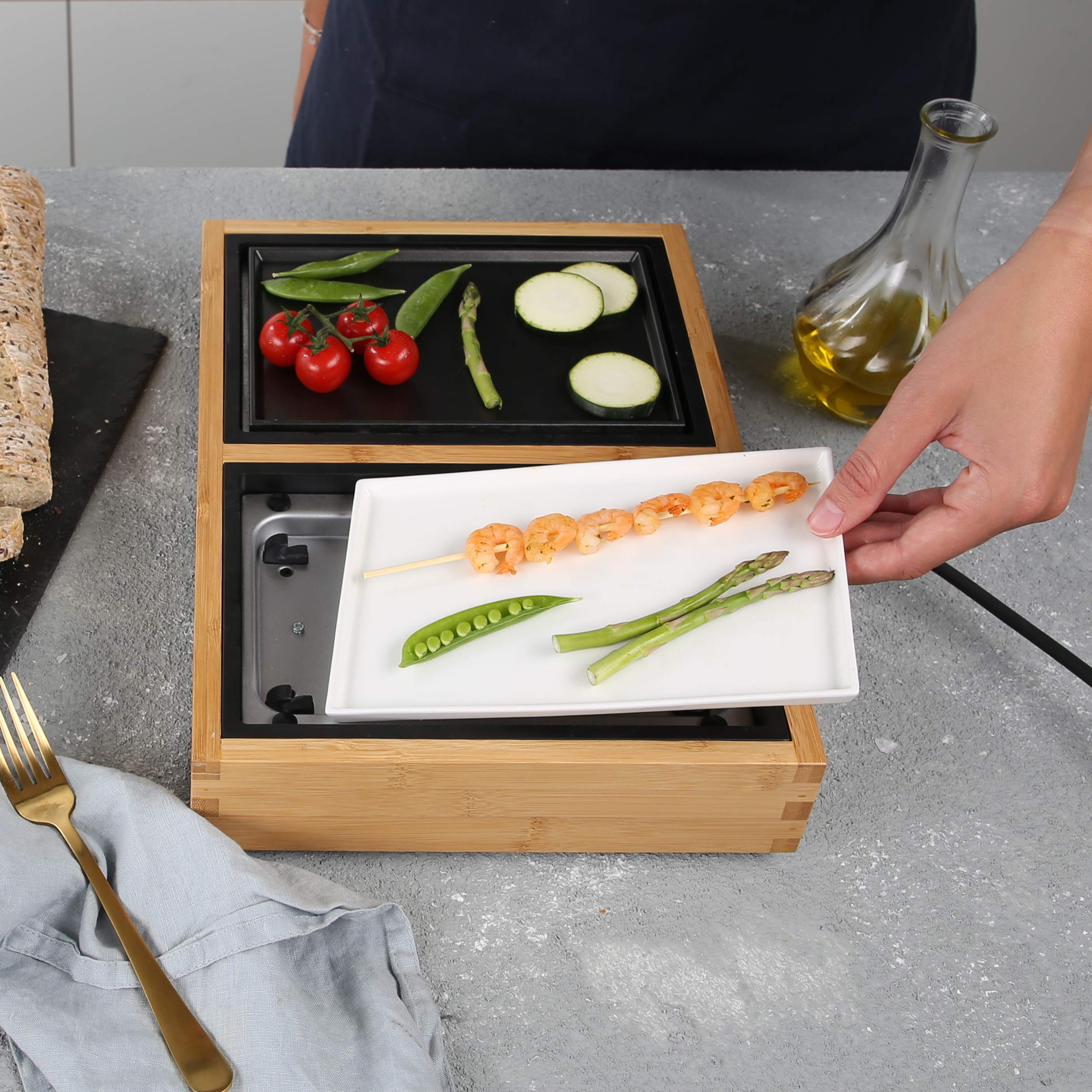 Princess 104020 Dinner4two Pure, Adecuada para 2 Personas, Nueva forma de cocinar a la plancha, 420 W, Bambú