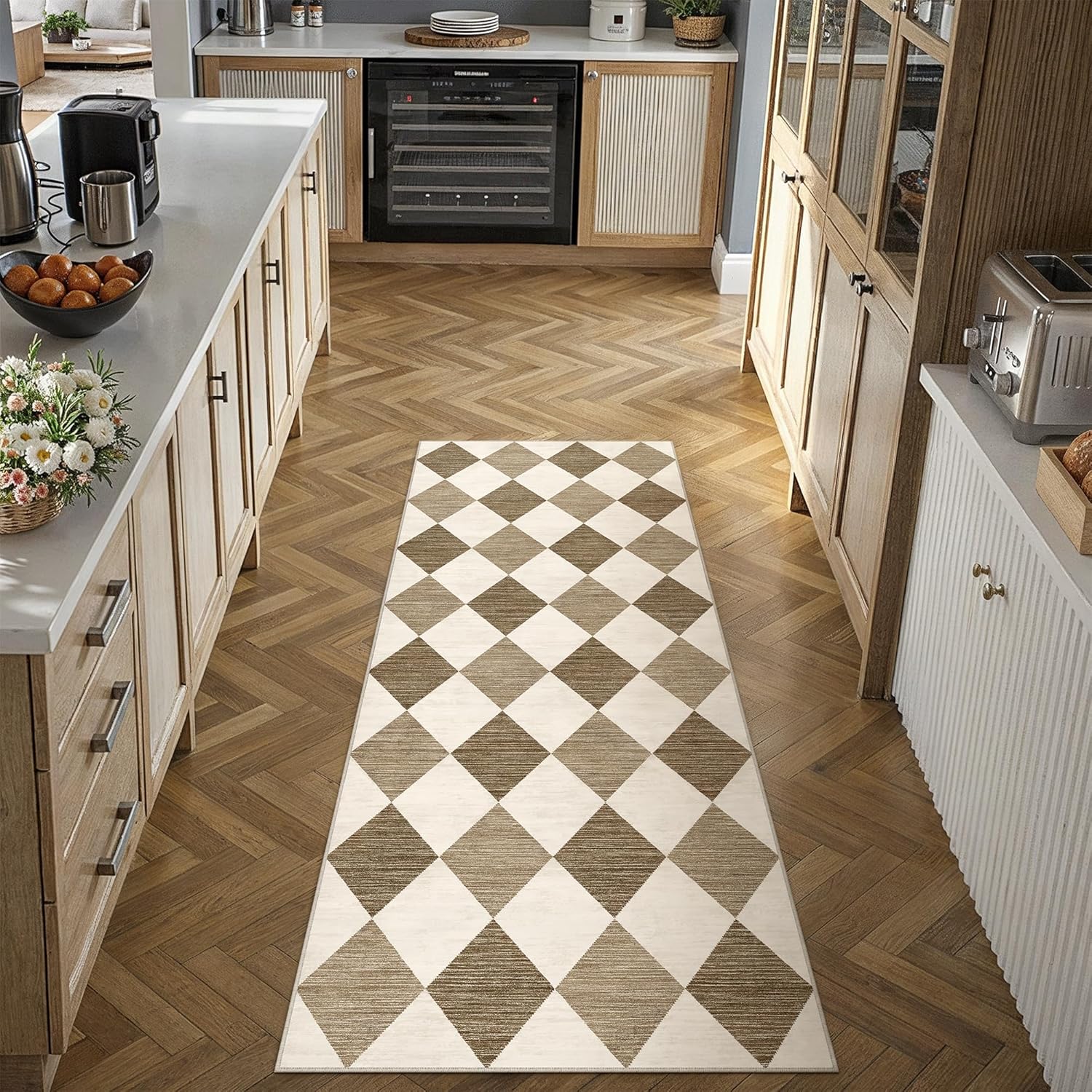 2x6 Checkered Brown Runner Rug for Living Room Bedroom Washable Soft Modern Non Slip Runner Rug Lightweight Low Pile Neutral Runner Entrance Dinning Laundry Room Kitchen Hallway