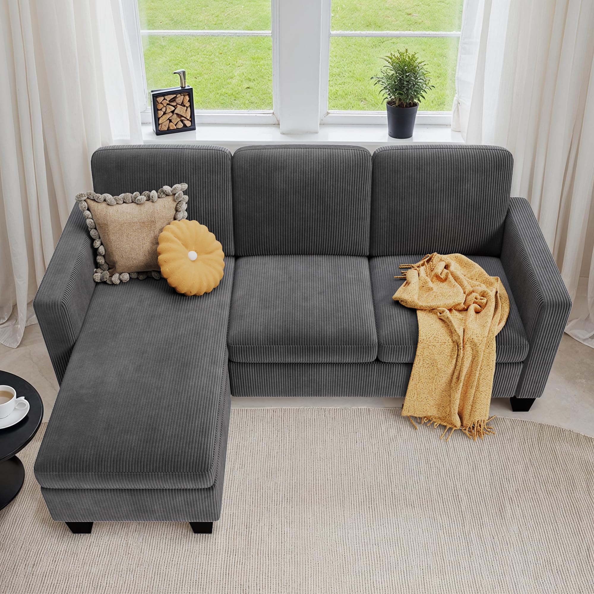 Xbro Sofá Chaise Longue de 3 plazas en Forma de L, Relleno de Esponja de Alta Resiliencia, Tejido de Algodón y Lino Transpirable para Salón Moderno, Gris Oscuro