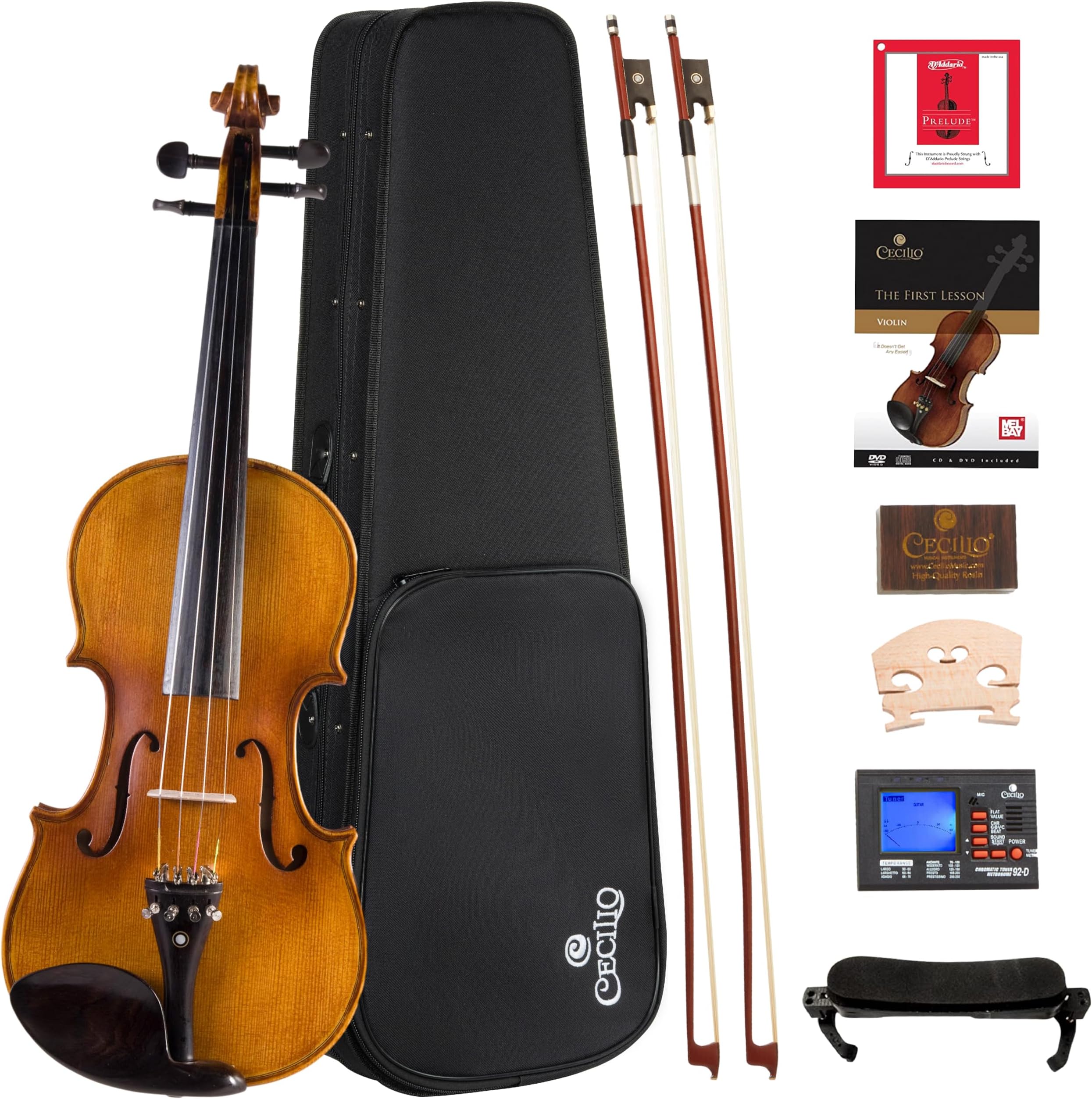Cecilio Full Size 4/4 Violin with Hard Case & Shoulder Rest - Solidwood Ebony Fitted Violin with Premium Strings, Ideal for Beginners