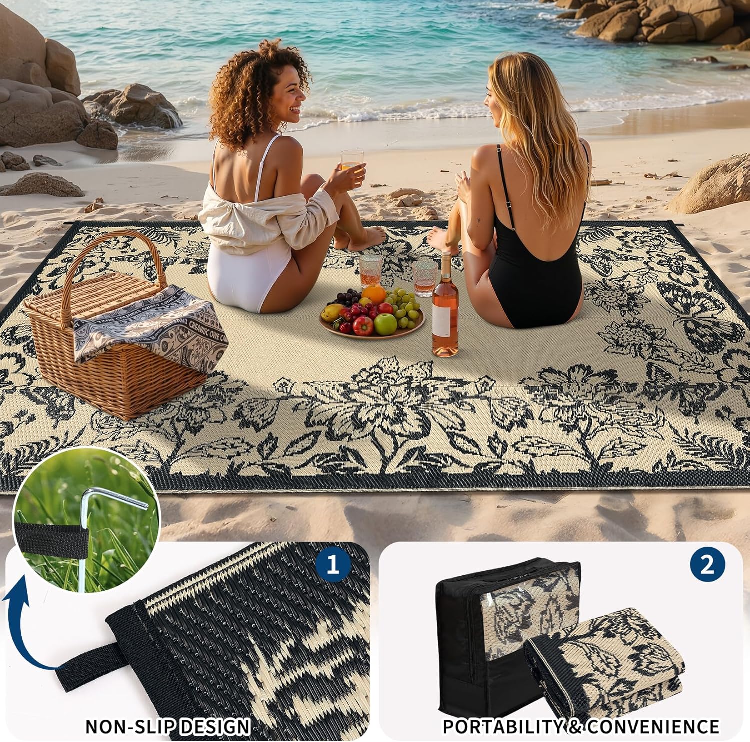 GarveeHome Outdoor Rug 8x10 Patio Waterproof, Reversible Plastic Straw Rugs for Camping, Picnic, Balcony, Porch, RV, Easy-Clean & Quick Dry Floral Pattern Large Indoor Outdoor Carpet, Black
