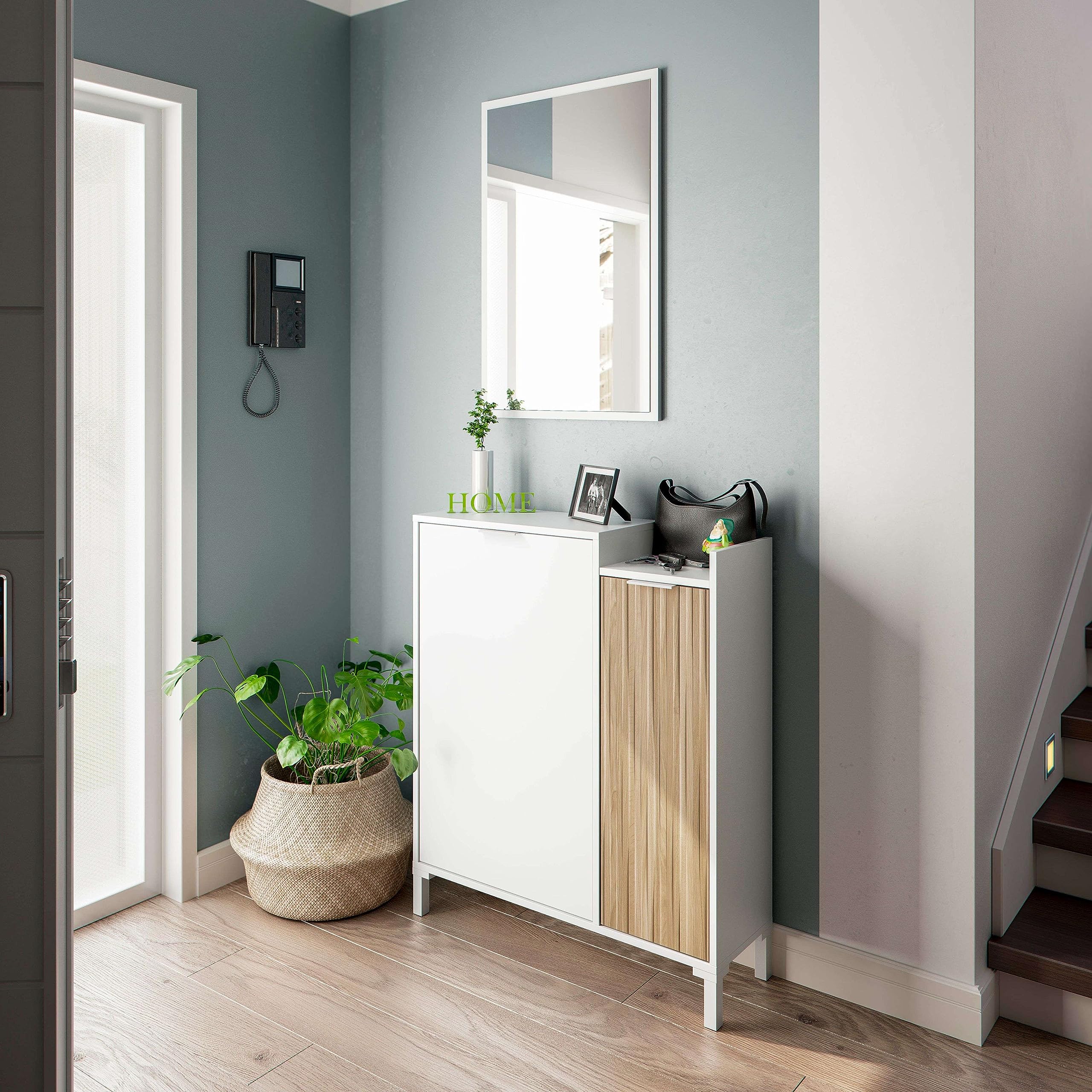 Habitdesign Mueble Recibidor para Entrada con Espejo Ethna Blanco Artik Y Natur Diseño Moderno 77x24Cm